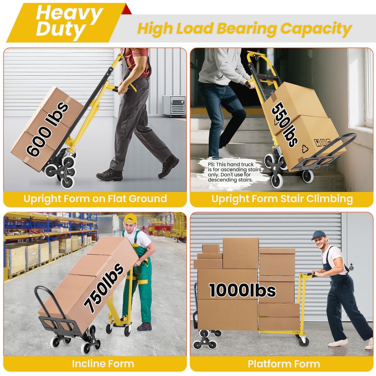 1000LBS Stair Climbing Hand Truck, 3-in-1 Folding Aluminum Dolly, Heavy Duty Convertible Cart for Warehouse, Home, Office & Transport Moving(Yellow)