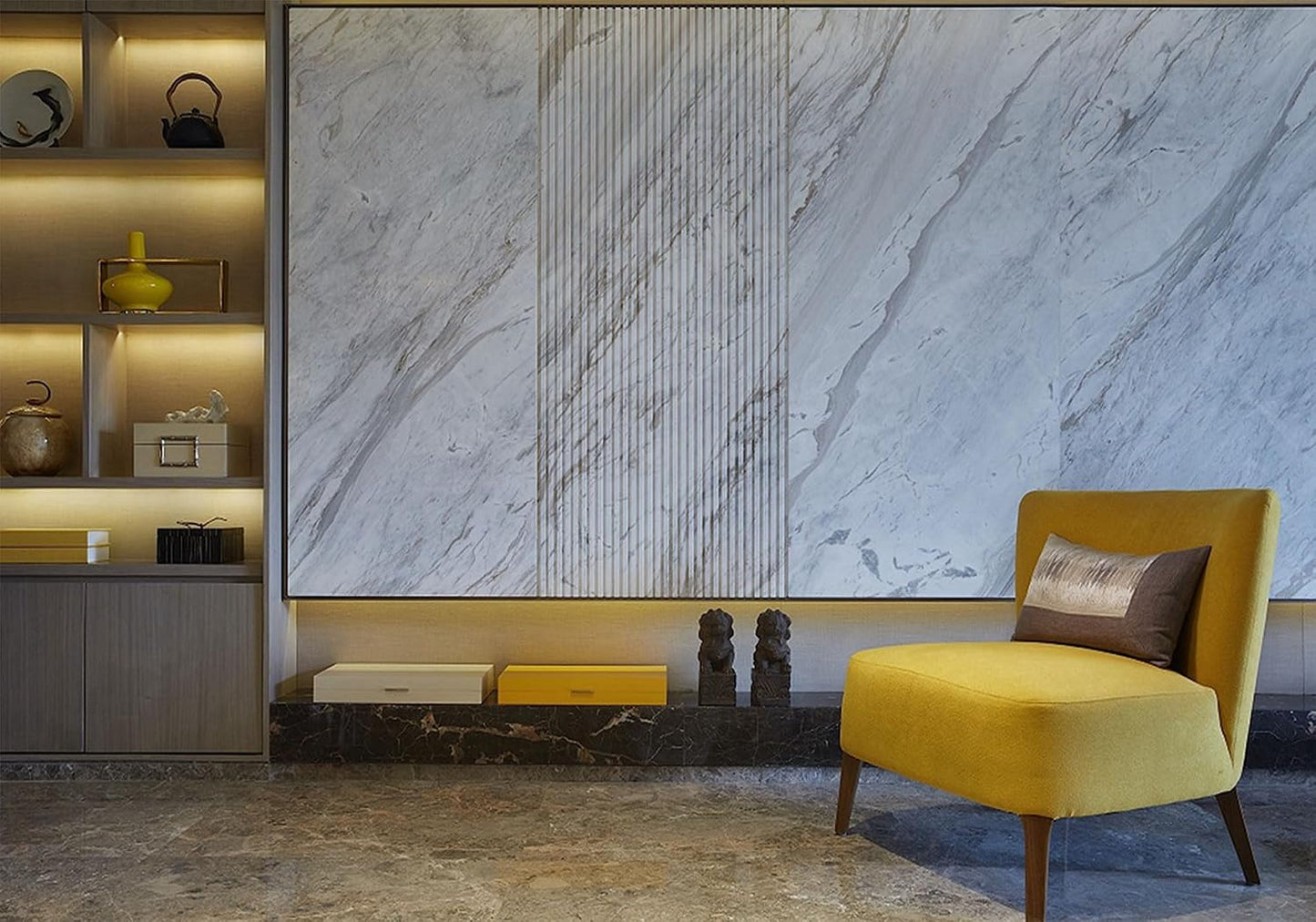 SHDASMIL 9X6ft Luxury Marble Wall Interior Backdrop Yellow Accent Chair Elegant Shelf Background Modern Asian Style