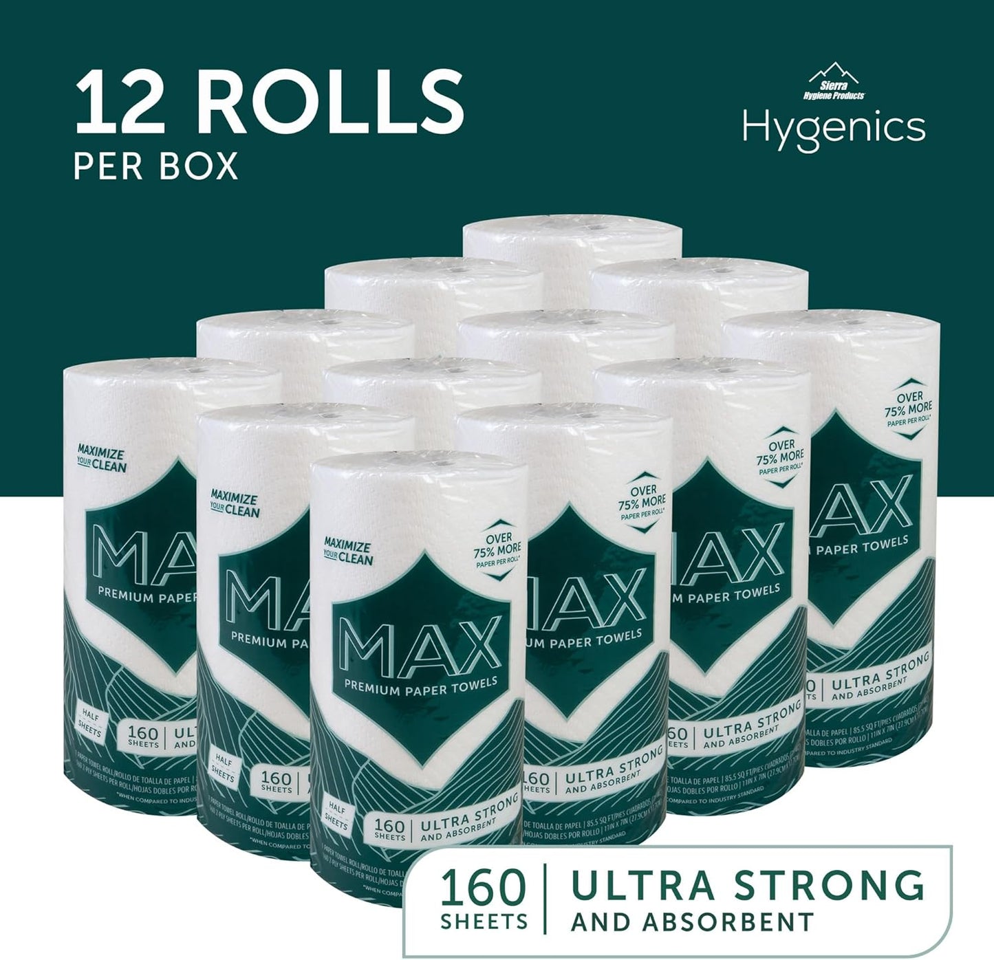 Sierra Hygenics Max 2-Ply Paper Towels - 160 Sheets Per Roll | Pack of 12 Rolls (11" x 7")