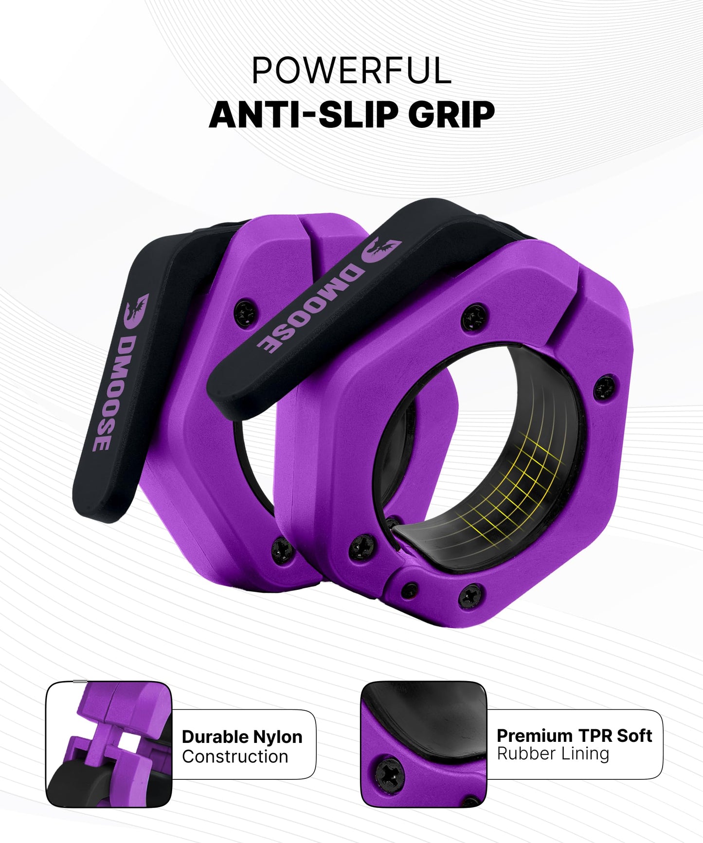 DMoose Barbell Clips (Pair) - Quick Release Olympic Barbell Clamps with Anti Slip TPR Grip, 2" Barbell Collars for Secure Weightlifting & Powerlifting (Purple & Black - Magnetic)