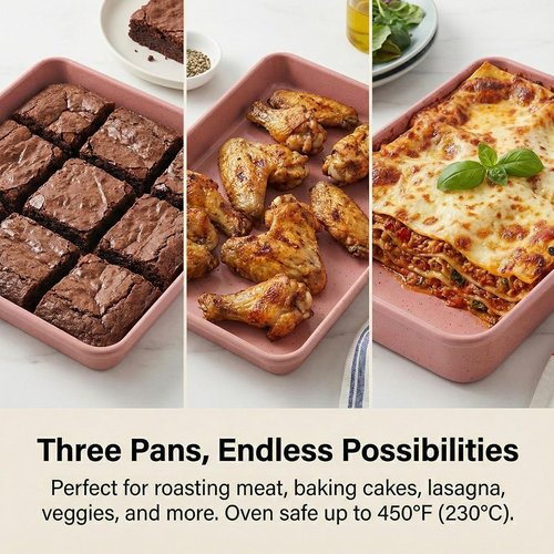 11x9 Baking Pan Set of 3 - Non-Stick Rectangular Cake & Brownie Pans in Pink | Perfect for Home Baking