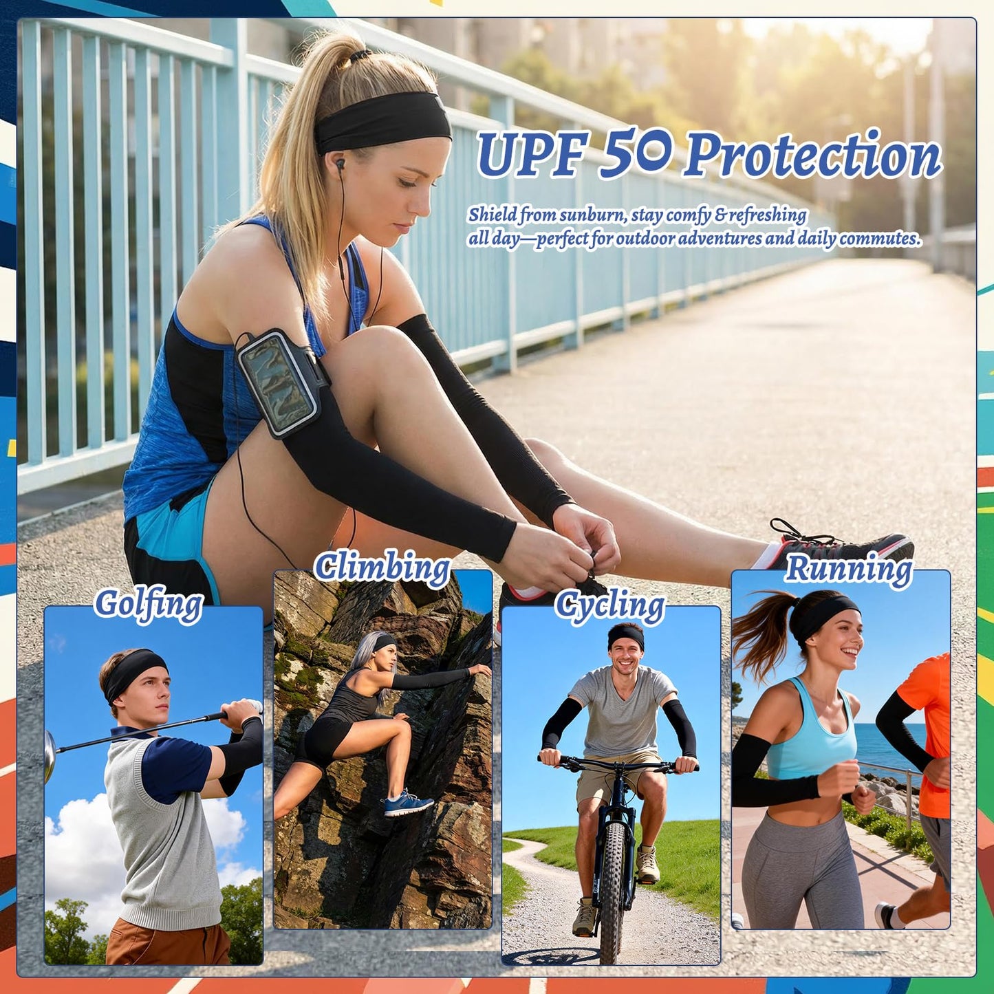 JATEBI 6 Pack Sports Headband and Arm Sleeves for Men Women Sweat Bands Cooling UV Sun Protection Sports Arm Sleeves for Running Yoga Fitness Workout, Black
