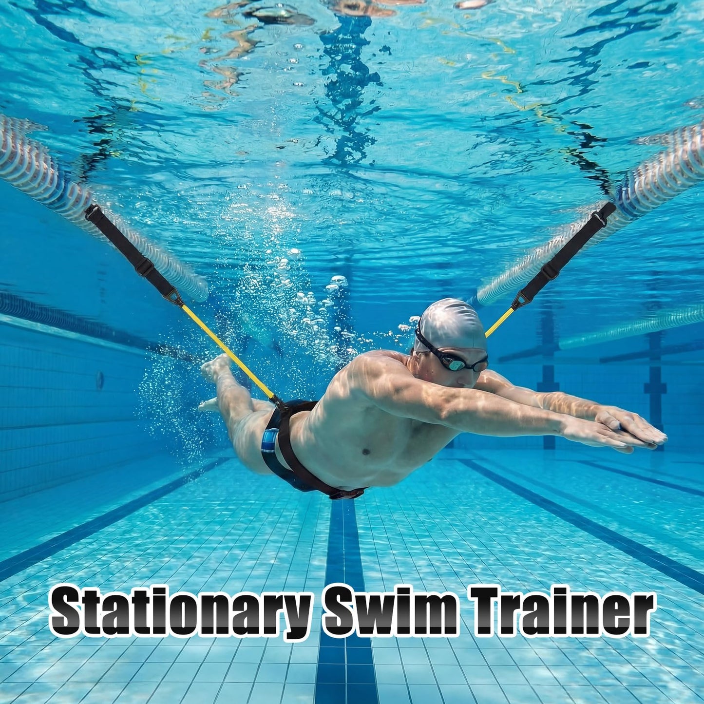 Outus Stationary Swim Trainer Swim Training Belt with 2 Bungee Cords, 2 Adjustable Buckle Straps, Mesh Storage Bag, Swimming in Place Harness for Swimming Pool Aquatic Resistance Water Exercise