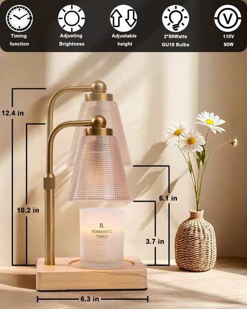 HONGZZI Candle Warmer Lamp - Electric Candle Warmer with Timer, Adjustable Height & Brightness, 2 Replacement Bulbs, 1-Year Warranty - Perfect for Jar Candles, Kitchen, Living Room, Bedroom (Gold)