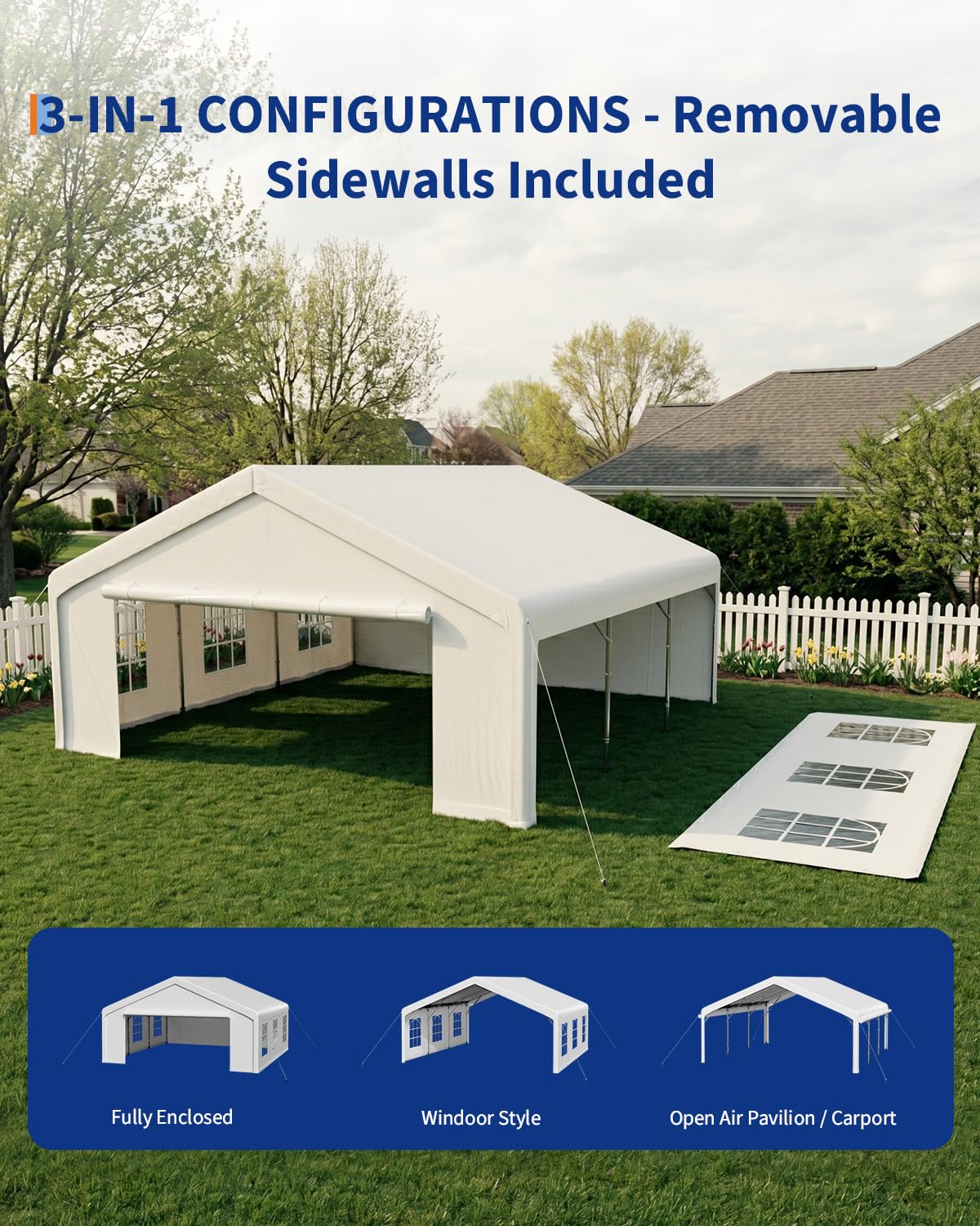 20x20 FT Heavy Duty Party Tent, Galvanized Steel Outdoor Canopy with Mesh Screen & Roll-Up Dual Doors, Waterproof Wedding Event Shelter, Removable Sidewalls & Windows
