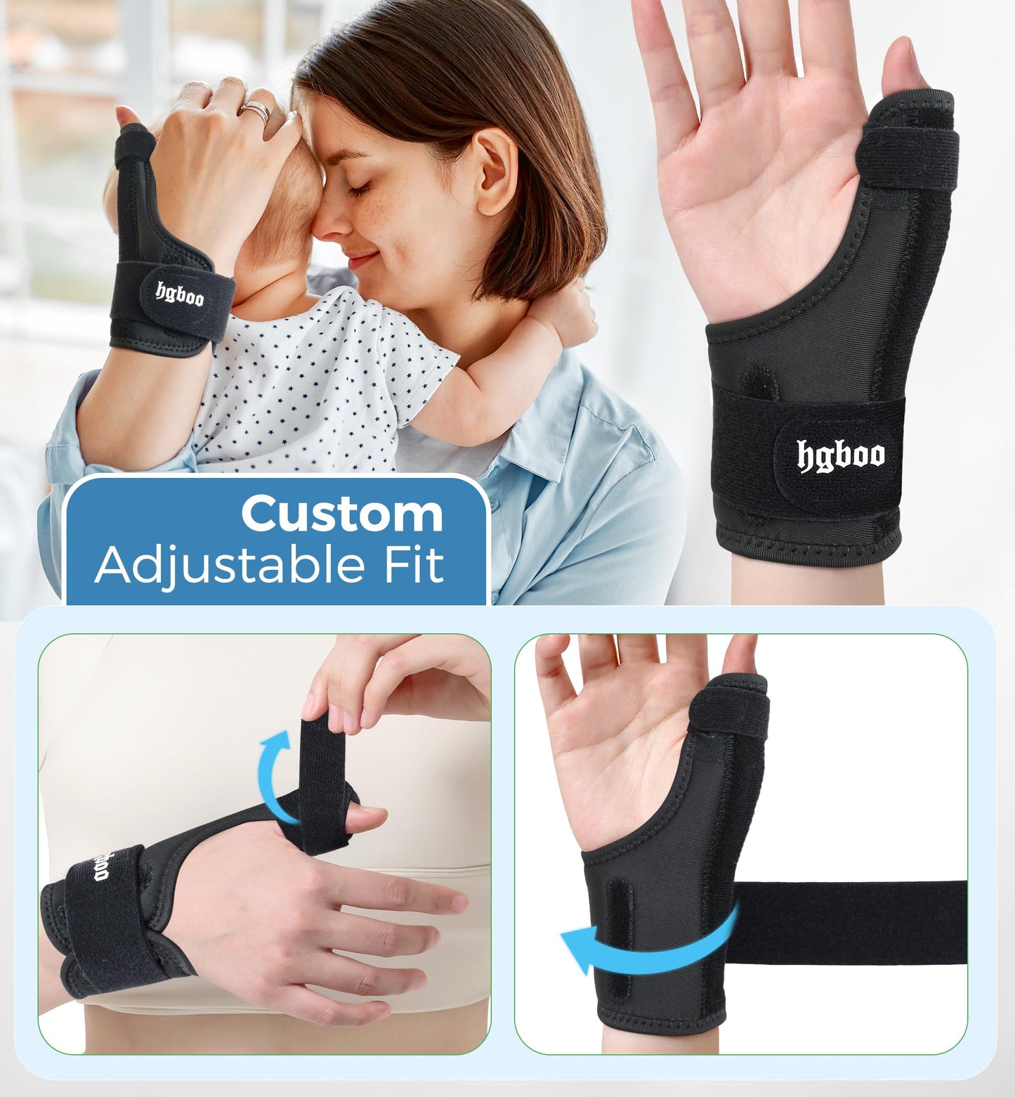 HGBOO Thumb Spica Splint for Left or Right Hand, Adjustable Thumb Wrist Brace for Arthritis, Trigger Thumb, Tendonitis, Sprain, CMC Pain Relief – Lightweight, Breathable & Comfortable Support (Black)