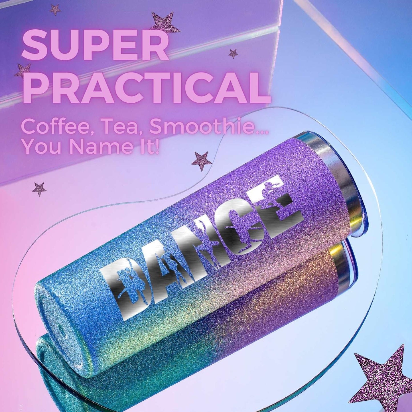 Onebttl Dancer Gifts for Girls, Teens, Her - Dance - 20oz/590ml Stainless Steel Insulated Glitter Skinny Tumbler with Straw, Lid - Dance Themed Gifts for Women - (Purple-Blue Gradient)