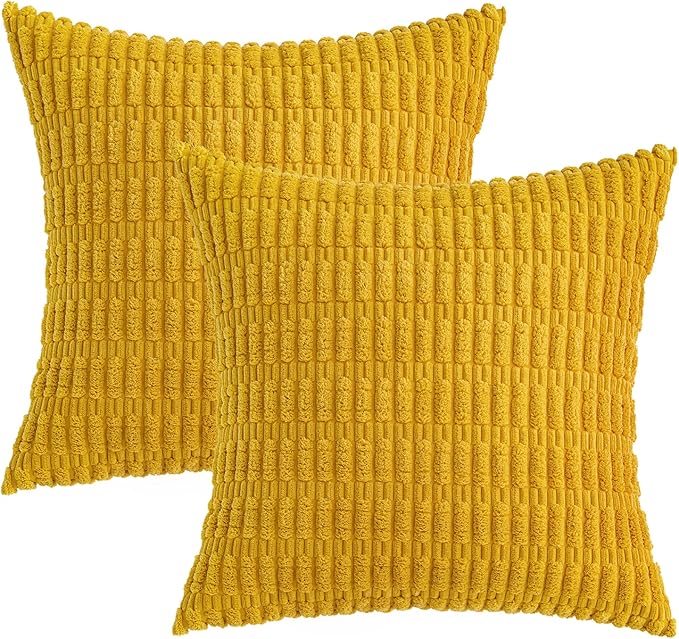 MIULEE Pack of 2 Corduroy Decorative Throw Pillow Covers 20x20 Inch Soft Boho Striped Pillow Covers Modern Farmhouse Home Decor for Summer Sofa Living Room Couch Bed Mustard Yellow