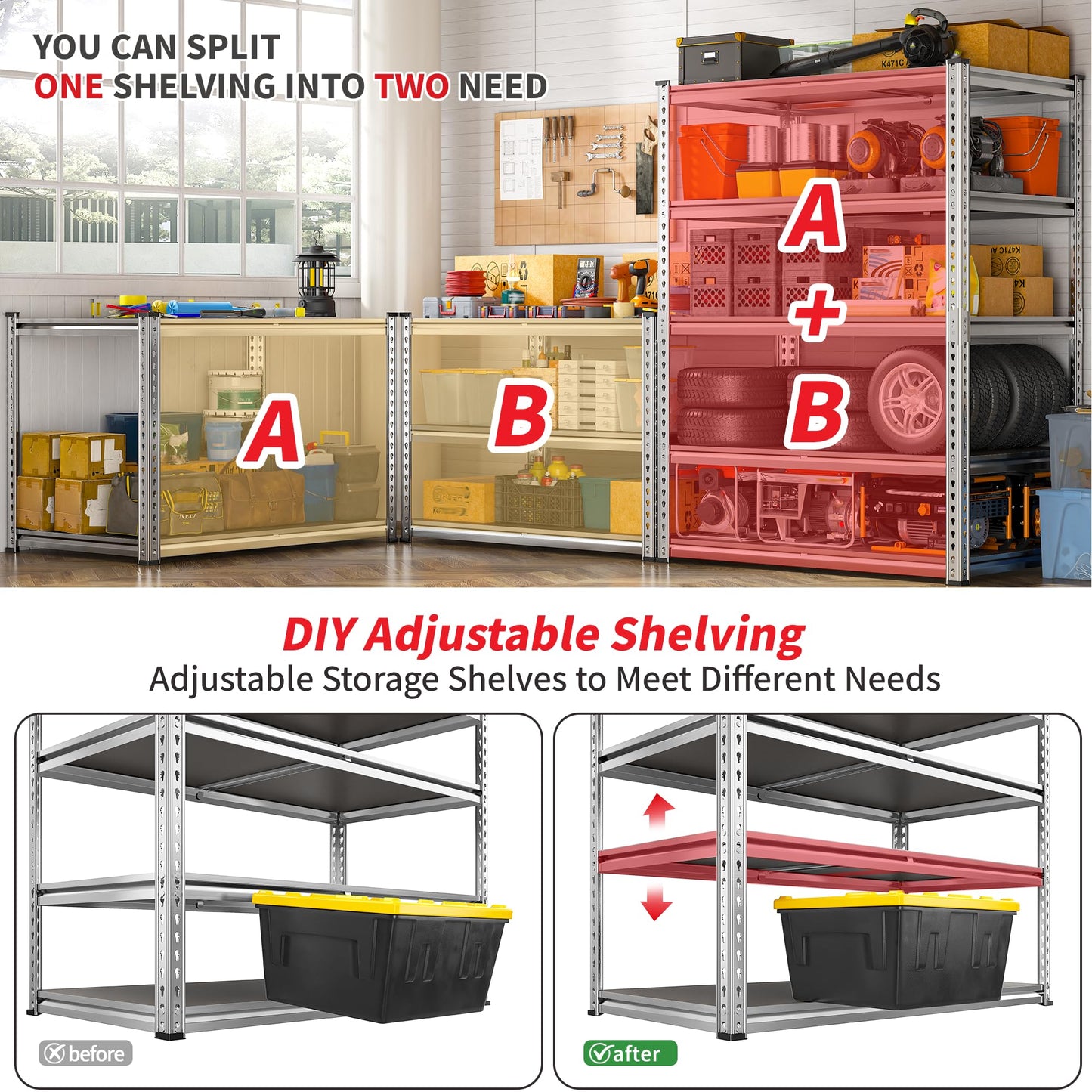 REIBII 2200LBS Heavy Duty Storage Shelves, 5-Tier Adjustable Metal Shelving Unit with Waterproof PP Boards,Garage Storage Rack for Pantry Basement Warehouse,35" W x 16" D x 72" H,Sliver Shelves