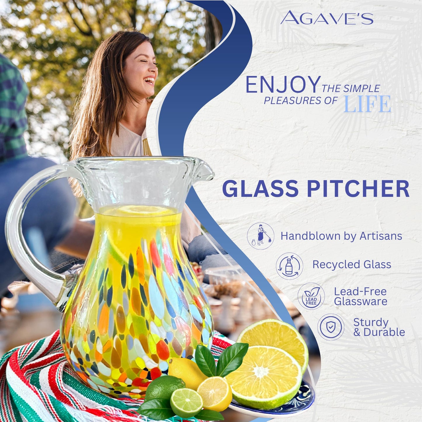 AGAVE'S GLASSWARE Glass Pitcher (84 oz) | Confetti Carmen Water Pitcher | Mexican Glassware | Pitchers for Drinks | Tea Picher Juice Pitcher (Pera Design Confetti Carmen 84 oz)