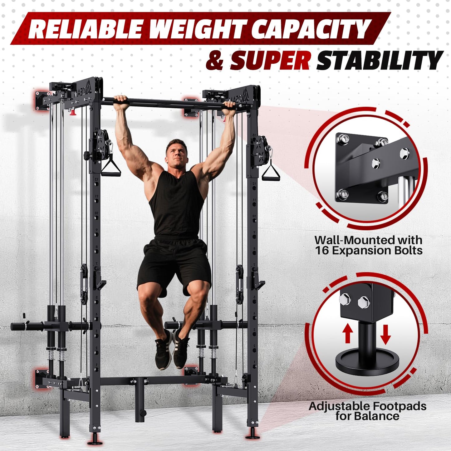Folding Squat Rack, Wall Mounted Power Rack with Cable Crossover Machine & LAT Pull Down Multi-Function Space-Saving Power Cage with 7 Adjustable Modes/Dual Pulley System/Pull-up Bar/360°Landmine