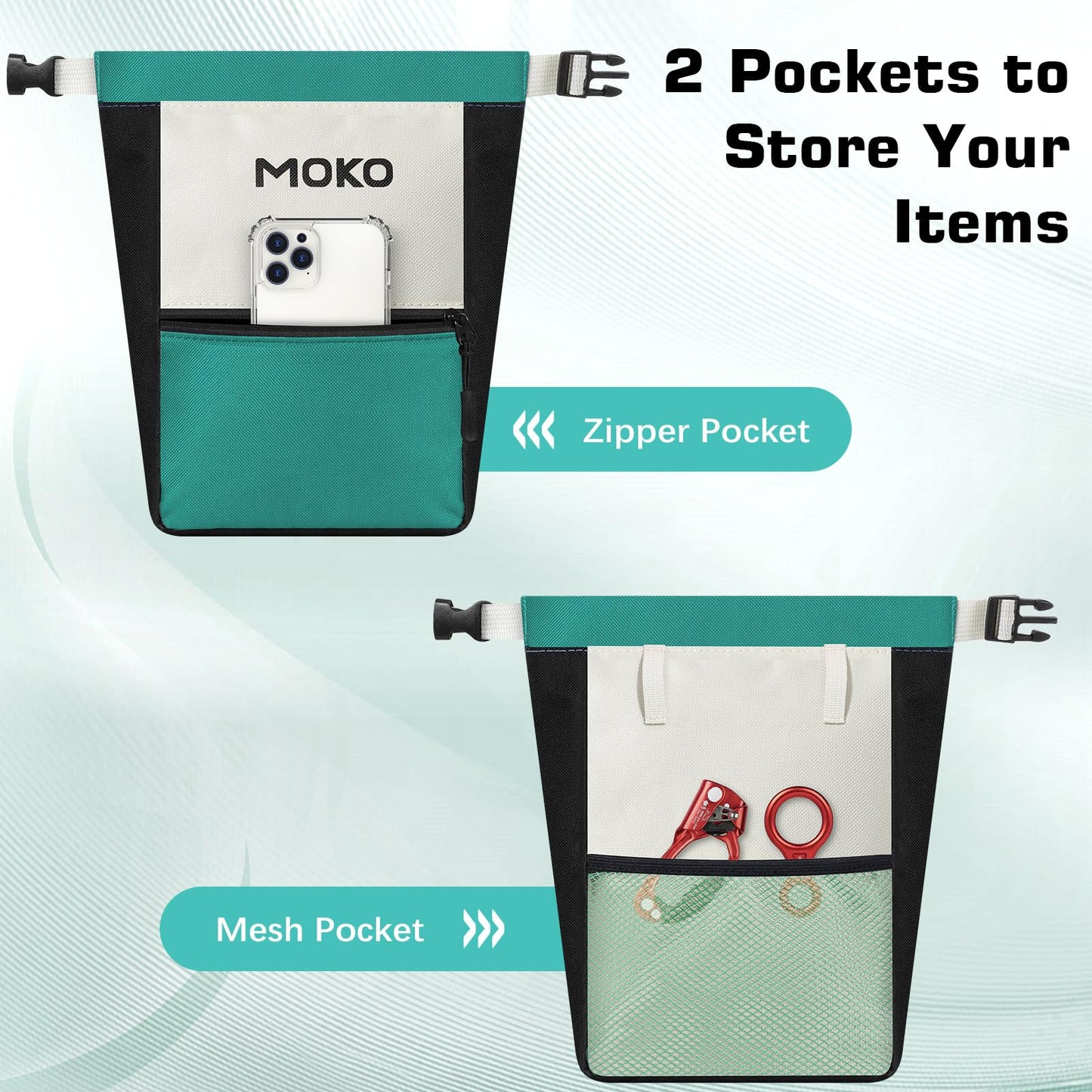 MoKo Chalk Bag for Rock Climbing, Large Capacity Climbing Chalk Bag with Magnetic Snap and Zipper Pocket, Portable Chalk Bucket for Weight Lifting, Bouldering, Gymnastics, Fitness, Green