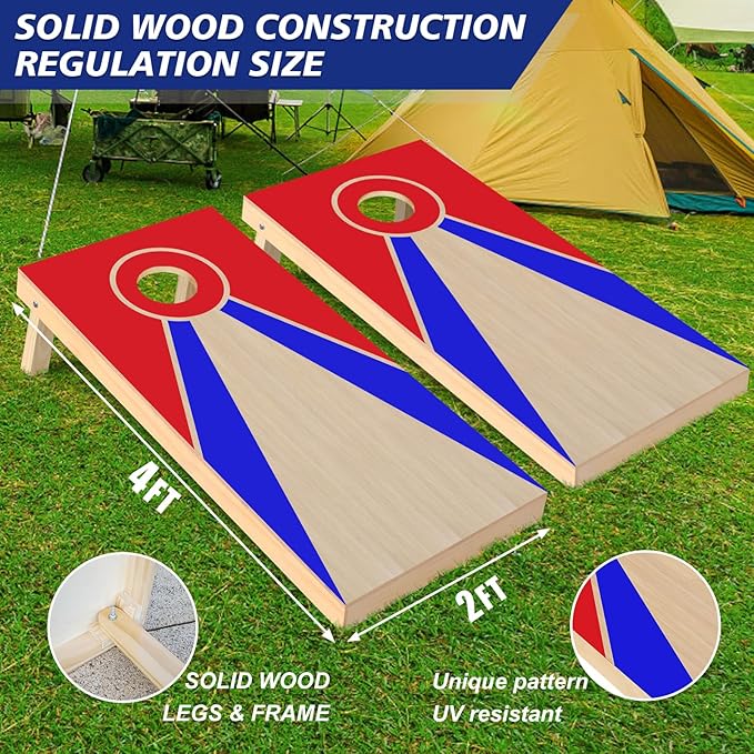 Cornhole Board Set, Regulation Size 4 x 2FT/3 x 2FT Solid Wood Corn Hole Game Set with 8 Bean Bags,2 Cornhole Boards and 1 Carry Bag for Outdoor Beach Toss Games Competitions