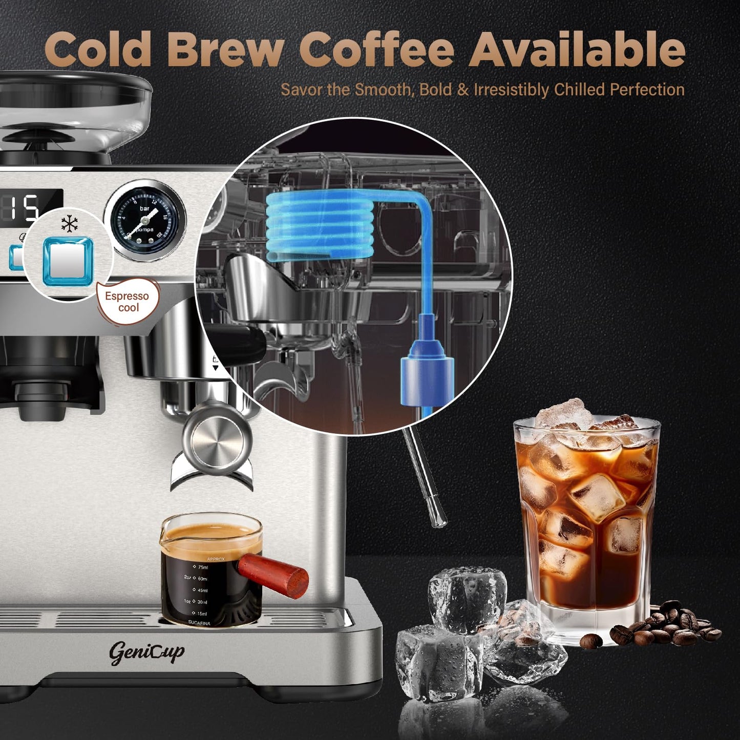 GeniCup Espresso Machine with Grinder 20 Bar Professional Expresso Coffee Machines for Home Customizable 194℉-203℉ Temp Control Espresso Maker with 68oz Water Tank All-in-One Coffee Maker Cold Brew
