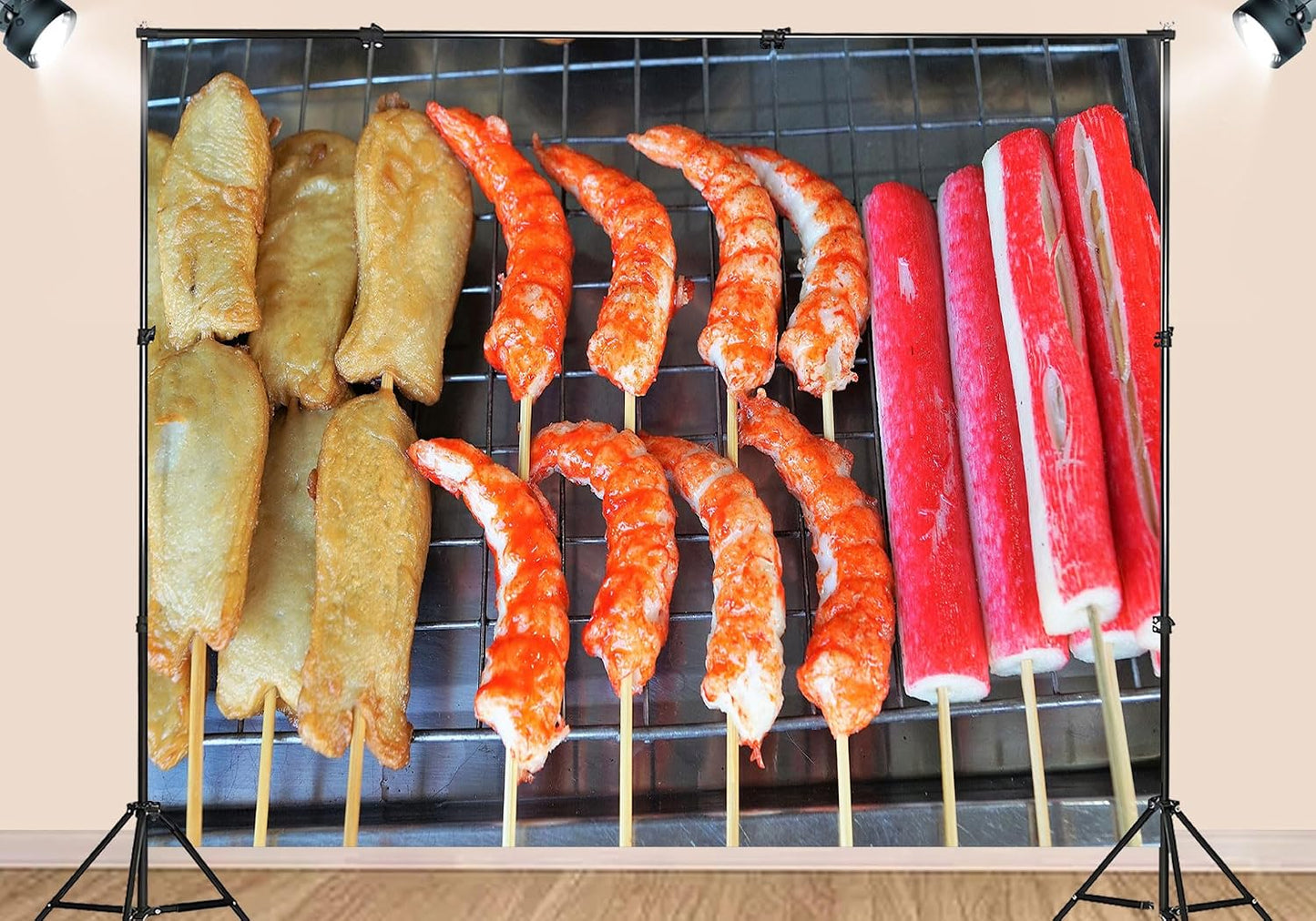 SHDASMIL 9X6ft Grilled Shrimp Skewers with Fried Tofu and Crab Sticks on Rack Backdrop Asian Street Food Display
