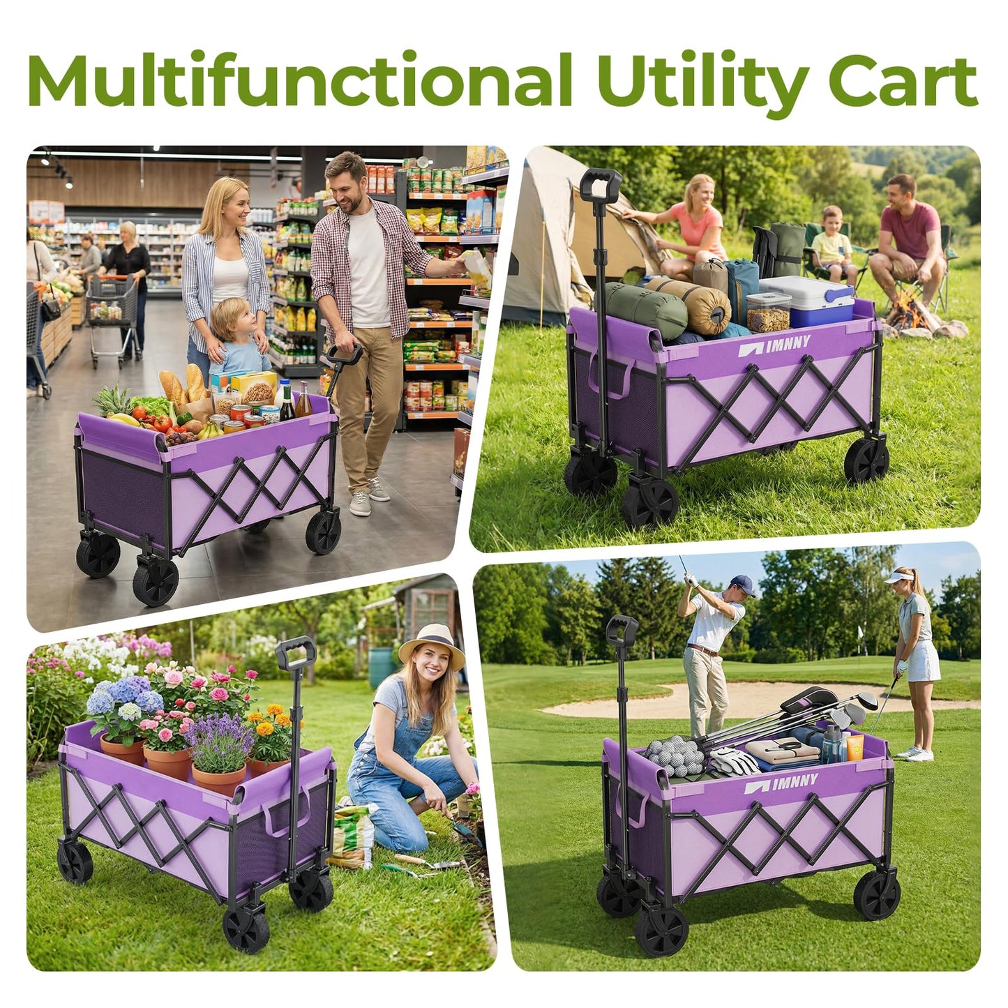 Aimnny Purple Small Collapsible Wagon Cart, Lightweight Folding Utility Cart with Wheels, 220lbs Capacity Portable Grocery Cart for Sporting Events, Garden, Shopping (Purple)