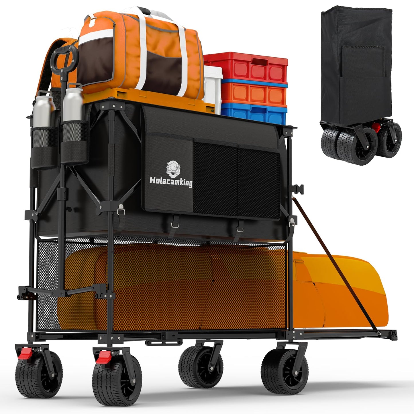Holacamking 480L Double Decker Wagon, 58" L Extended Foldable Utility Cart with Tailgate, Big All-Terrain Wheels with Brakes, 520lbs Heavy Duty Collapsible Wagon for Camping Beach Sports Grocery Pets