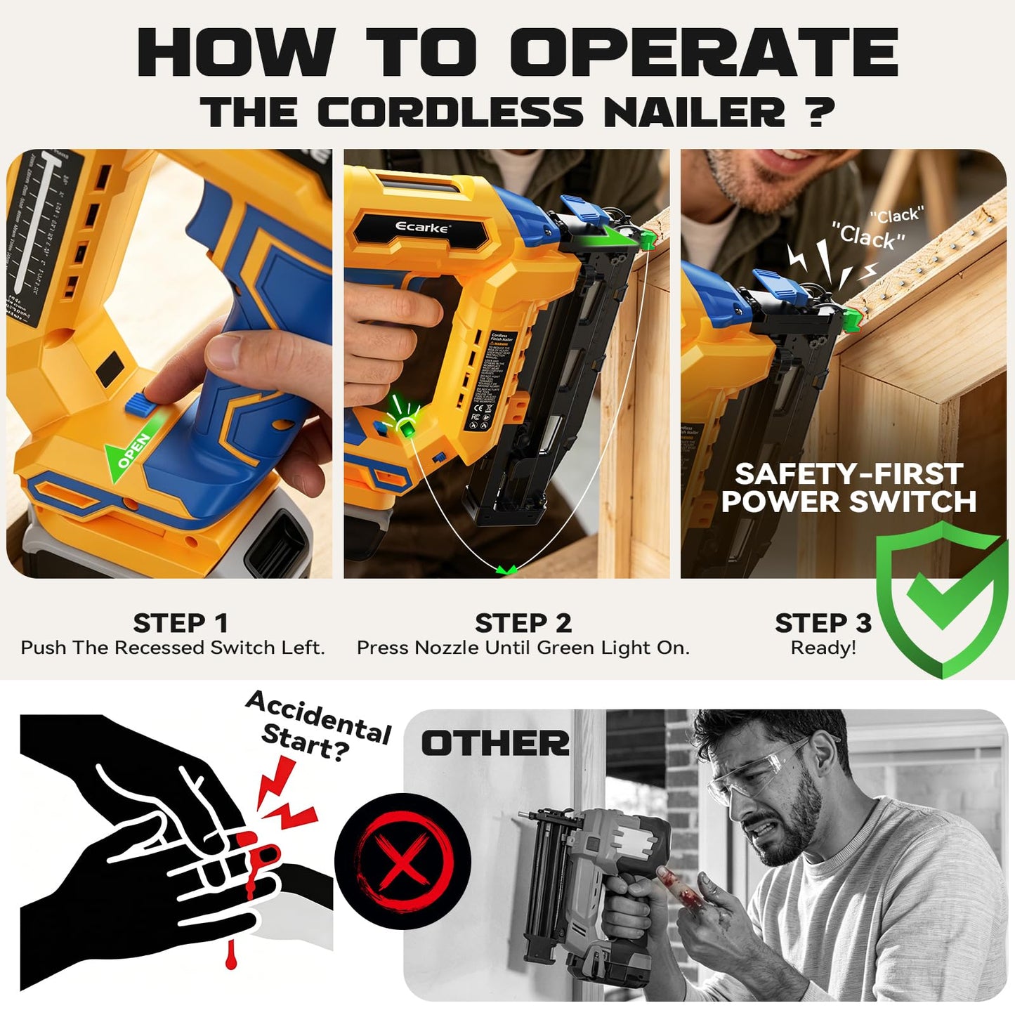 Ecarke Finish Nailer 16 Gauge Compatible with Dewalt 20V Battery, 3/4 to 2-1/2 Inch Cordless Straight Brad Nailer, Tool-Free Adjustment, Dual Firing Modes Nail Gun for Finish Work,Tool Only, 5.7 lbs