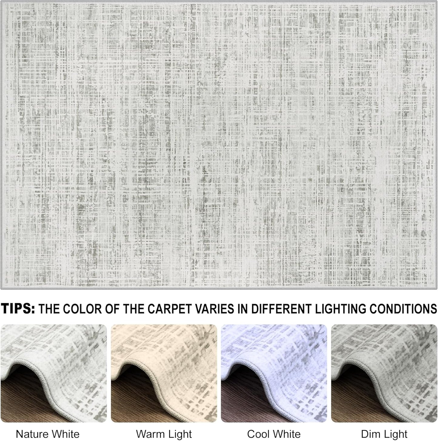 Skiennix 8x10 Area Rug - Washable Anti-Skid Abstract Design for Living Room | Soft Non-Shedding Carpet (White Gray)