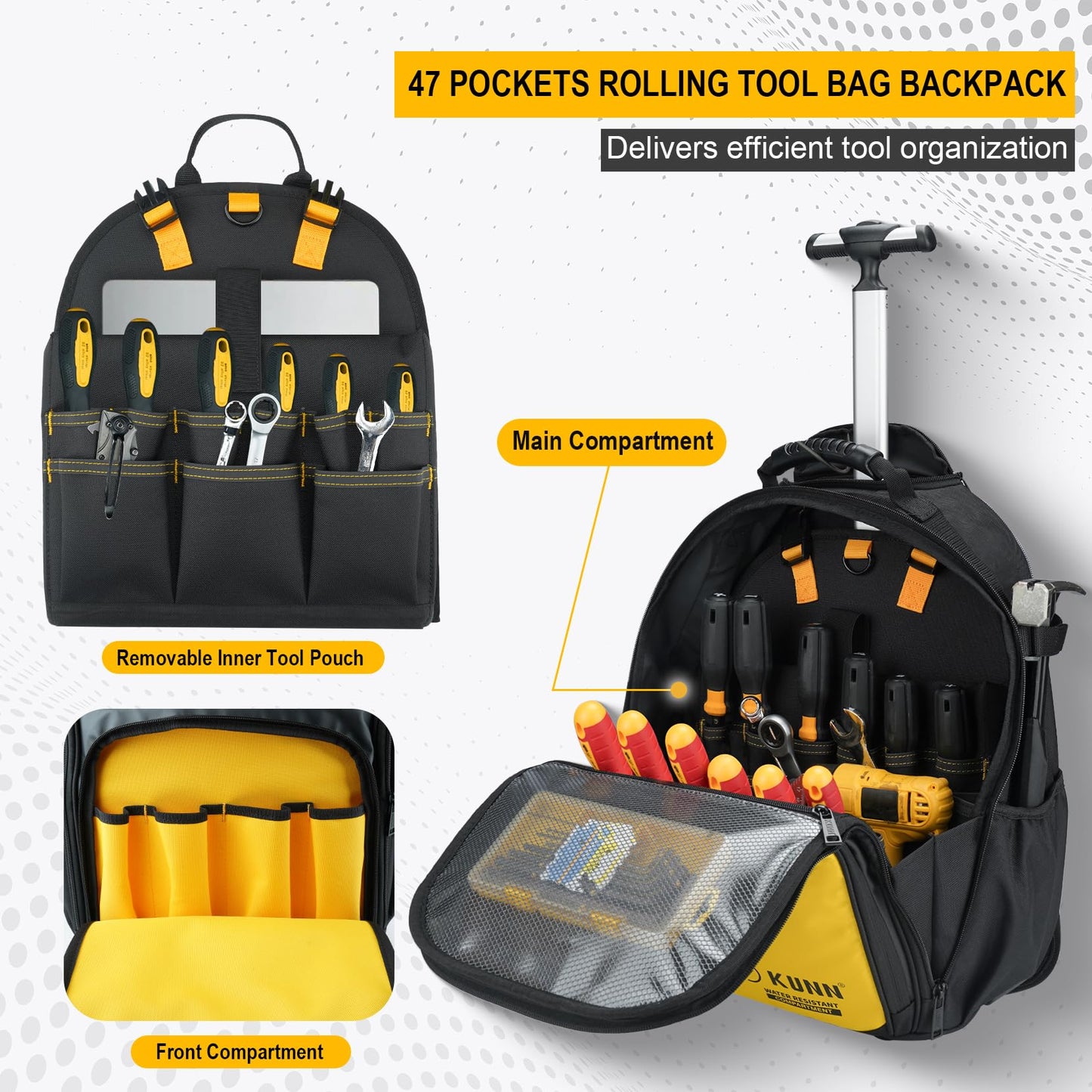 KUNN Shoulder Framing Nailer Bag & Rolling Tool Backpack with Wheels