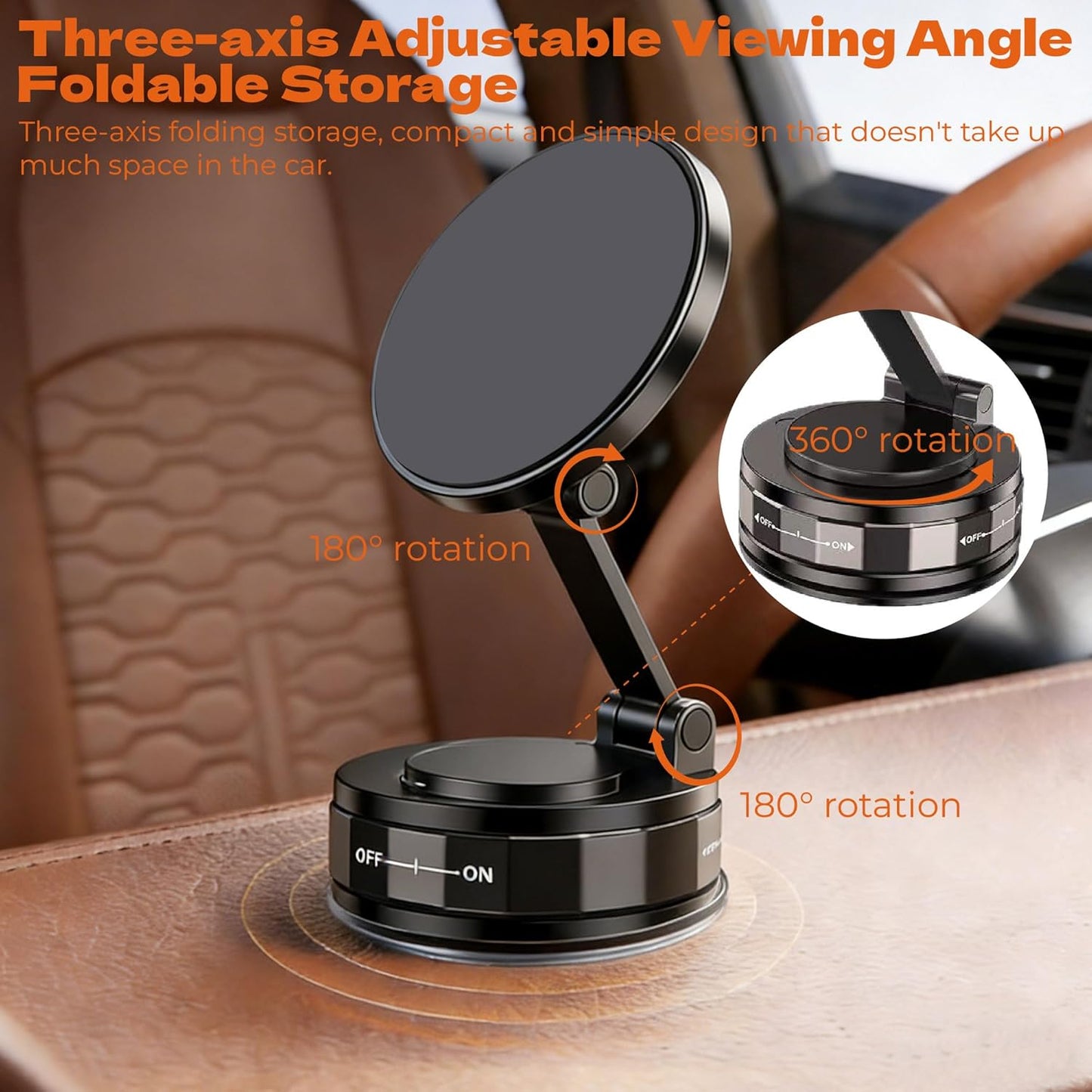 Barydee 360 Magnetic Car Phone Mount, Vacuum Suction Cup Phone Holder for Dashboard & Windshield, Rotatable Foldable