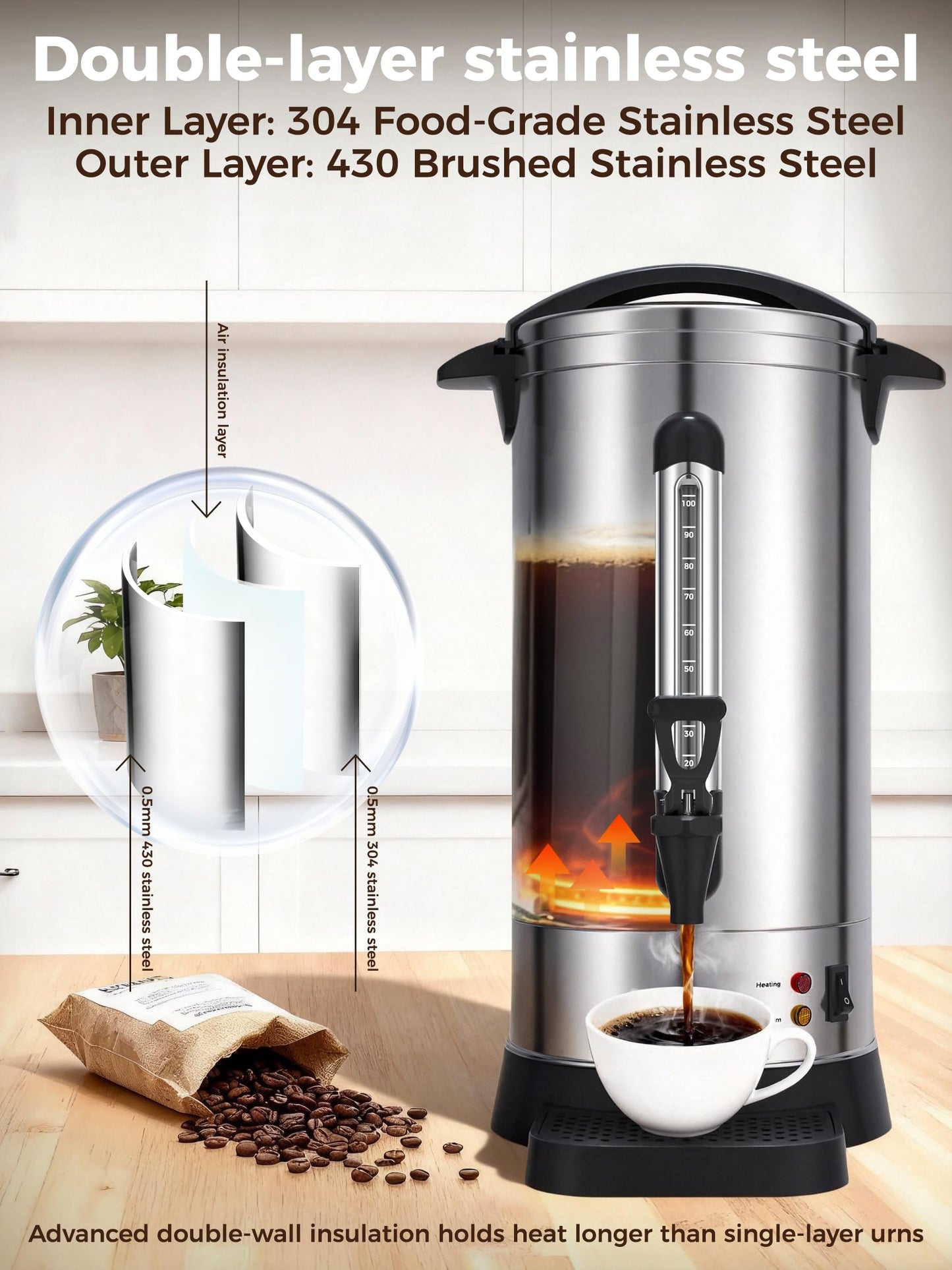 OSTBA 1500W Commercial Coffee Urn 100 Cup / 15L Large Percolator Coffee Pot, 304 Stainless Steel Double-Wall Hot Water Dispenser Electric Coffee Maker Fast Brewing for Catering, Parties & Events