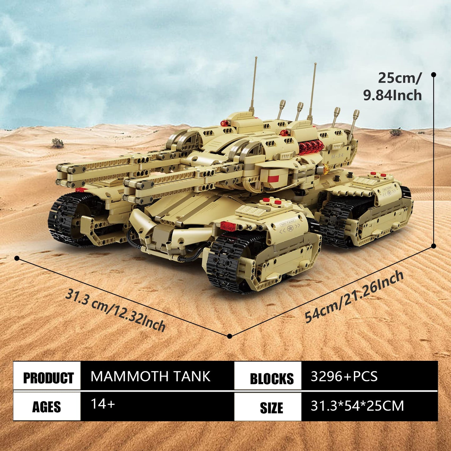 Mould King 20011 Technology MOC Building Block Tank, Remote Control Rechargeable Military Mammoth Tank, RC Tank Model Kits for Adult, 3296 Pieces