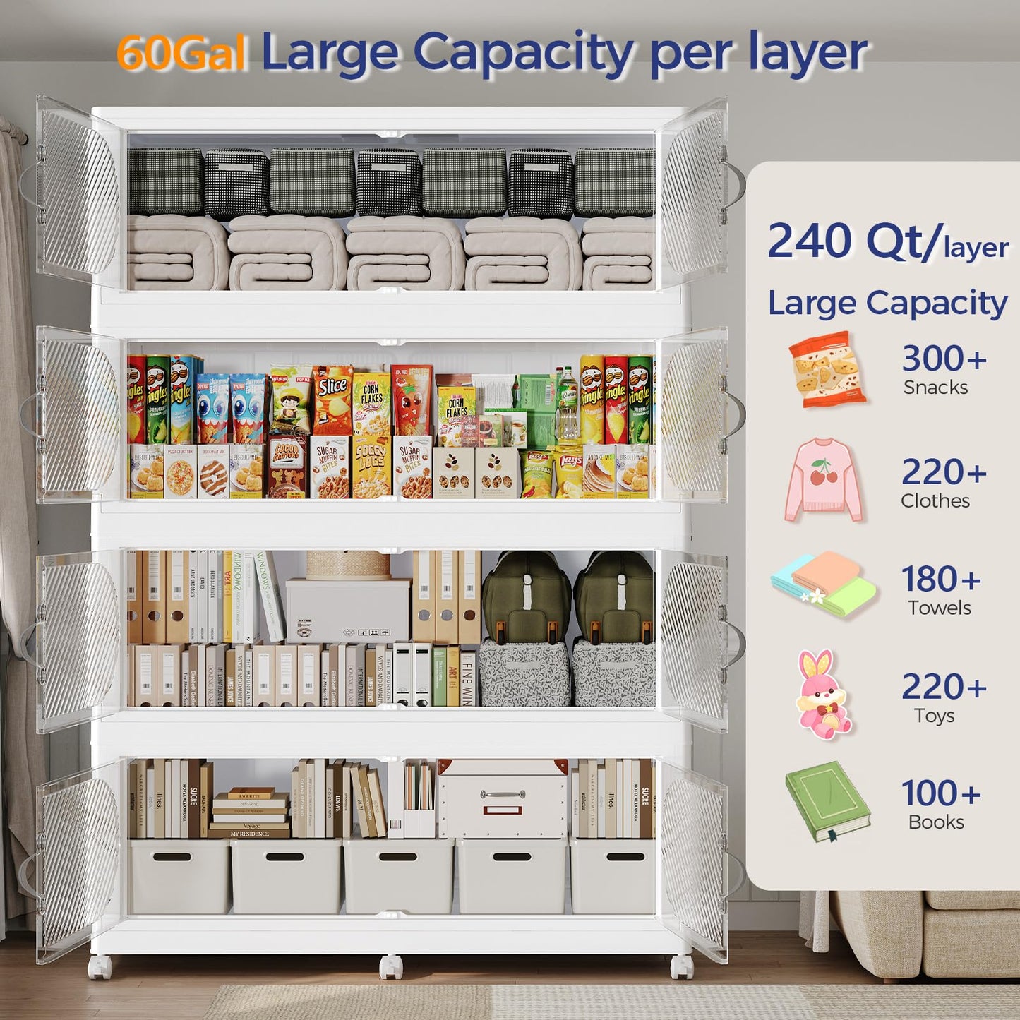 QAVABIN 960QT Extra Large Stackable Storage Bins with Lid, 240Gal Plastic Closet Organizers and Storage Drawer, Collapsible Cabinet Box with Wheels Clear Doors for Home Kitchen Office, 4Pack White
