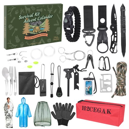 h2CeGak Advent Calendar 2025 Survival Kit Advent Calendar for Men, 24 Days Survival Tools for Adult Teen, 2025 Xmas Calender for Outdoor Enthusiasts Adult Men Teen Boys Husband