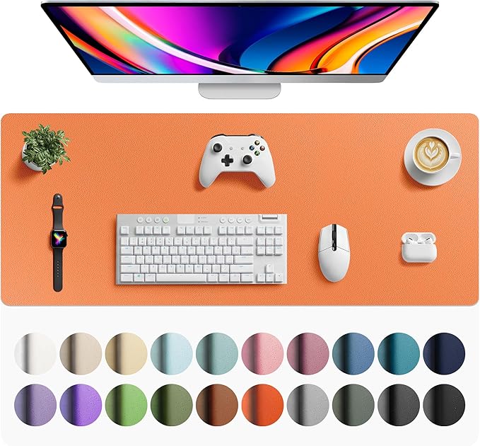 Aothia Faux Leather Desk Mat - Large Mouse Pad, Non-Slip PU Leather Blotter, Waterproof Writing Surface for Office and Home (Hermes Orange, 42" x 17")