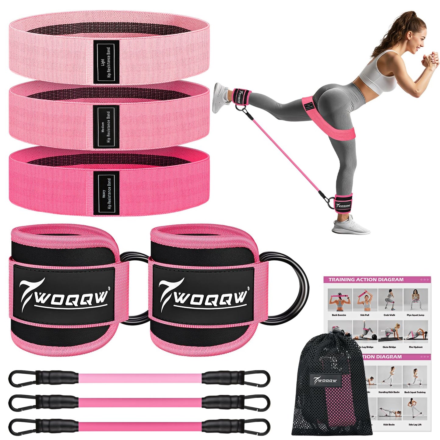 WOQQW Resistance Bands Set - Ankle Resistance Bands with Cuffs for Legs & Glute Workout, Fabric Booty Bands for Women, Home Gym Exercise Equipment for Hip, Pilates, Fitness, Yoga, Physical Therapy