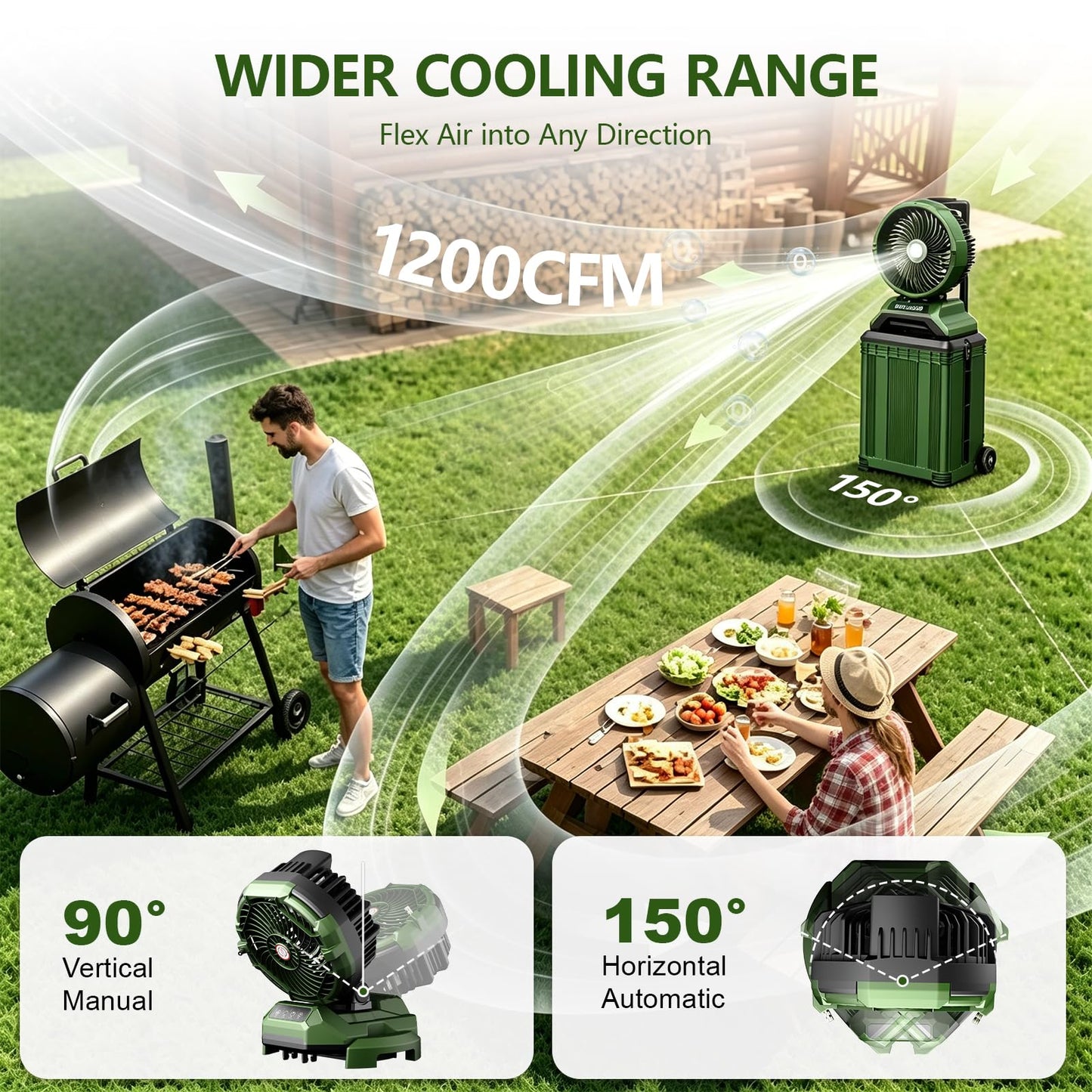 Veubew Portable Misting Fan with 30L Bucket, 30000mAh Rechargeable Battery Powered, 12Hrs Mist Rechargeable Fans, 4 Strong Winds, 4 Spray Mister, 3 Lighting Settings for Outdoor, Camping, Patios