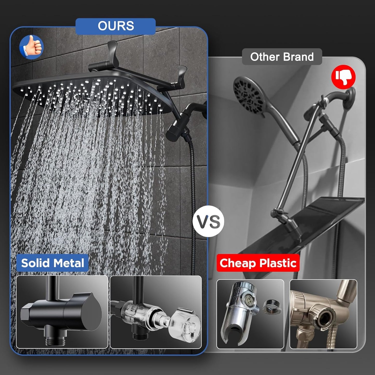 Veken Rain Shower Head - High Pressure Handheld Shower with Multi Spray Modes | 11.8" Matte Black
