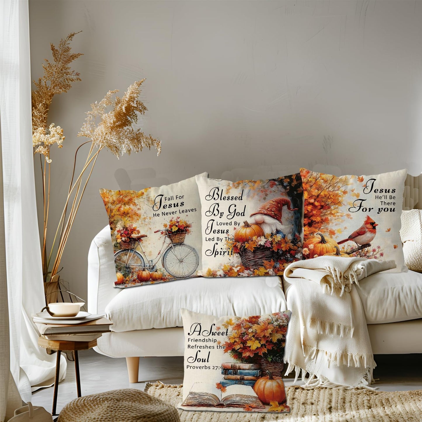 QIONG MENG Fall Pillow Covers 18x18 Inch Set of 4 Christian Jesus Religious Throw Pillowcase Catholic Spiritual Cardinal Decorative Cushion Case Autumn Harvest Soft Home Farmhouse Decorations