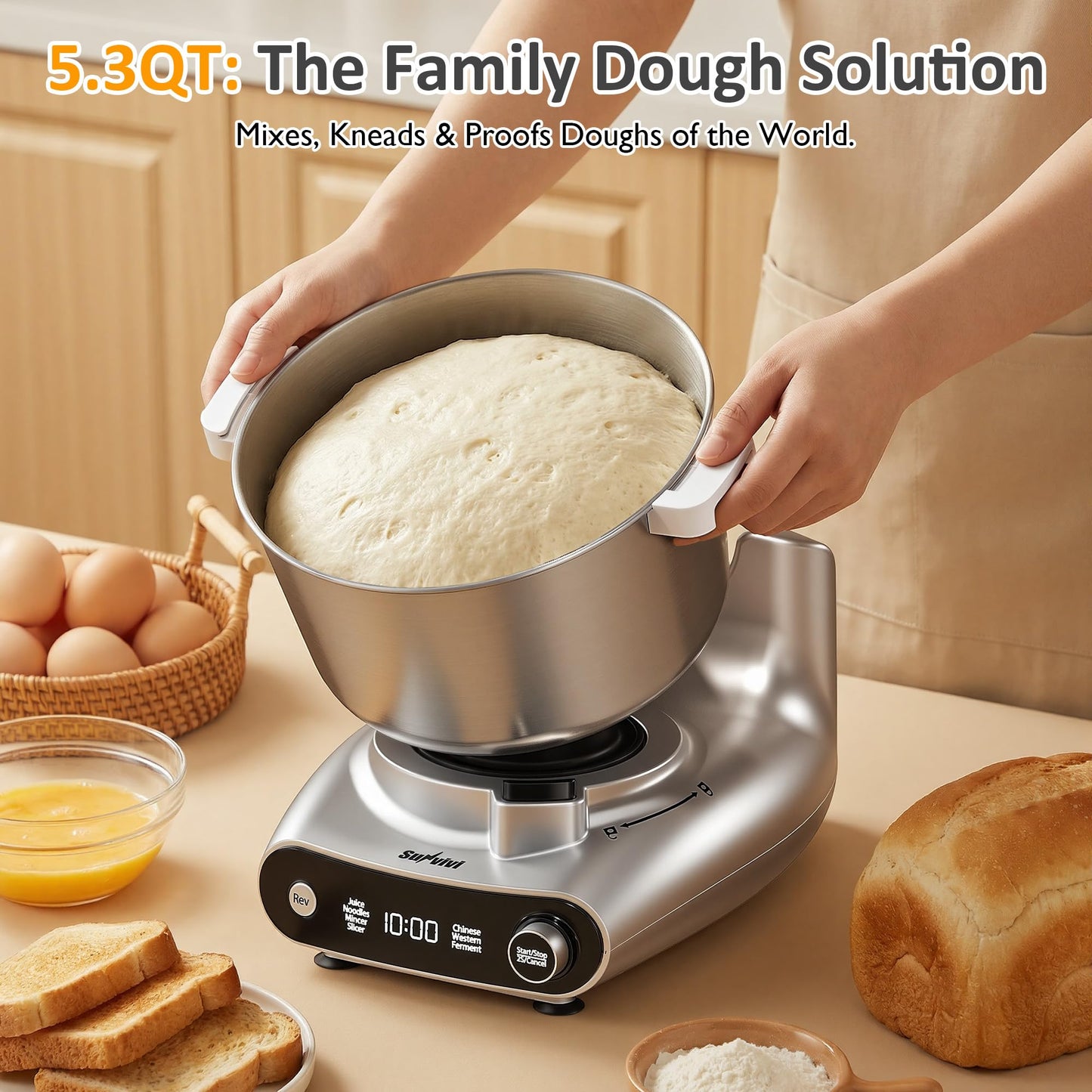 Sunvivi 4-in-1 Multifunction Stand Mixer with Fermentation, 5.3QT Electric Dough Mixer for Chinese & Western Dough, Slow Juicer, Meat Grinder, Salad Maker, LED Display & Knob Control, Stainless Steel