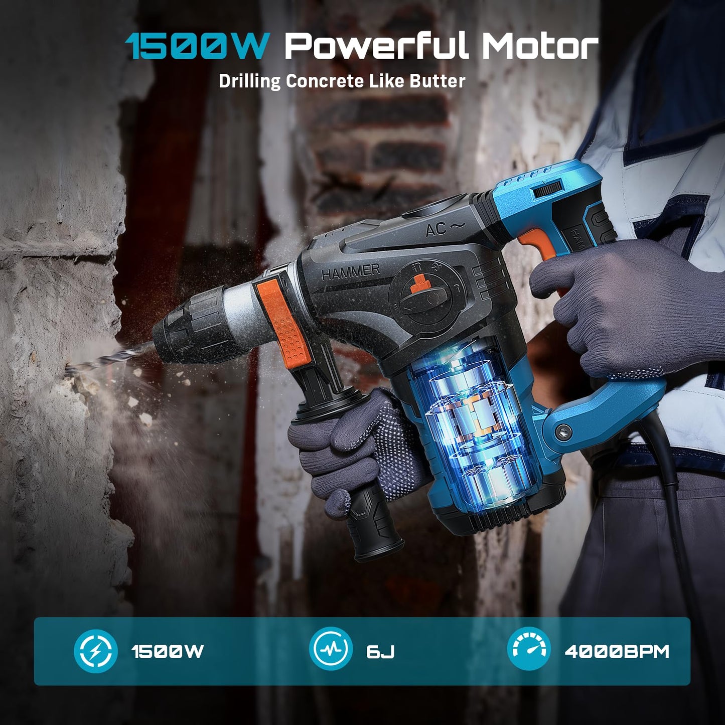 Seesii Heavy Duty Rotary Hammer: 13 Amp 1-1/4" SDS-Plus Demolition Hammer Drill for Concrete, Brick & Stone, 6J Power with 4 Functions, Safety Clutch & Reduced Vibration, with Drill Bits and Chisels