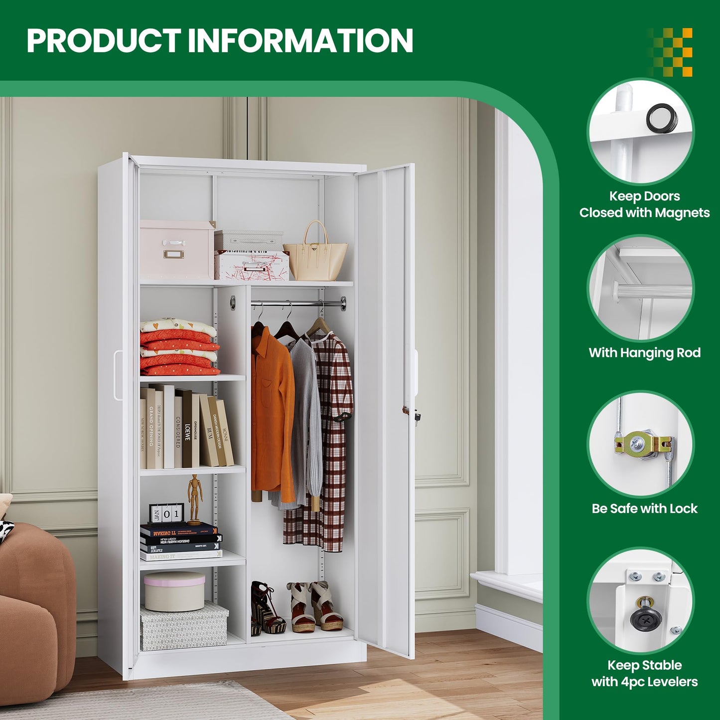 LISSIMO Broom Closet with Lock, Metal Storage Cabinet 36" Wide, 5-Tier Steel Utility Cabinet with Hanging Rod & Doors for Garage, Laundry Room, Warehouse Storage