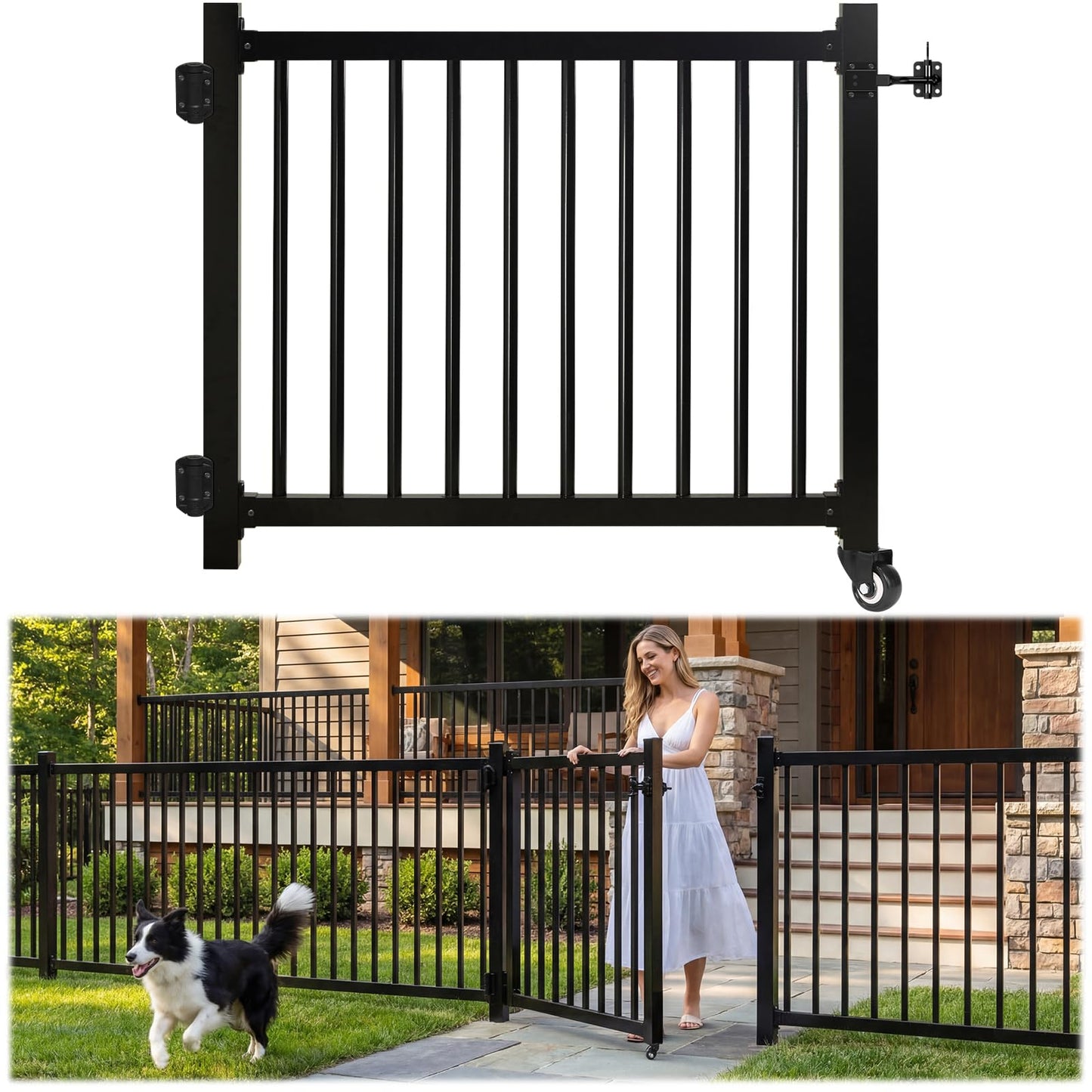 Deck Gate with Wheels, 36 x 45 Inches Auto-Closing Outdoor Railing Gate Fence Gate for H Railing, 1" Round Pipe with Latch,Cuttable Lockable for Outdoor Deck Patio