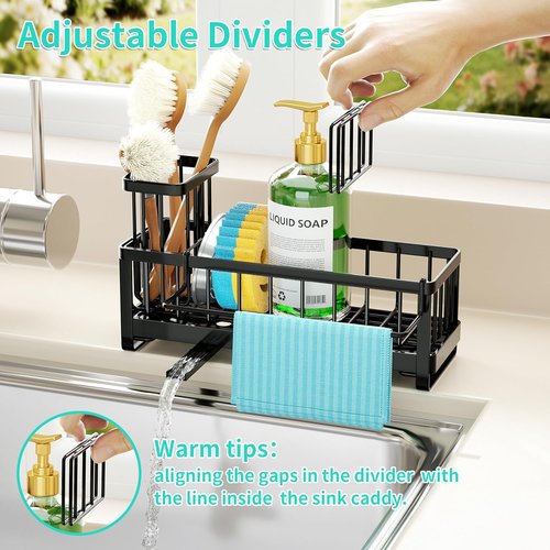 HapiRm Sponge Holder - Self-Draining Kitchen Sink Caddy with Brush & Dishcloth Holders | Stainless Steel - Black