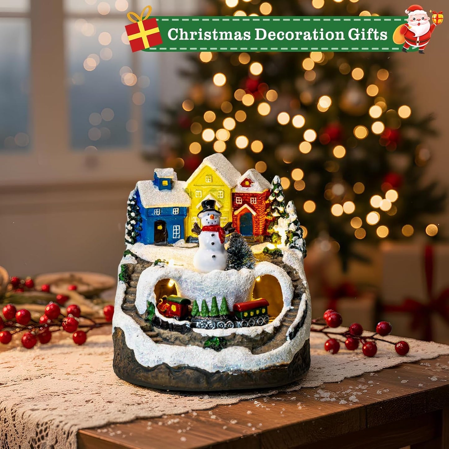 ZQQLITE Animated Musical Christmas Snowman Village - Lighted Figurines with Rotating Train for Festive Home Decor
