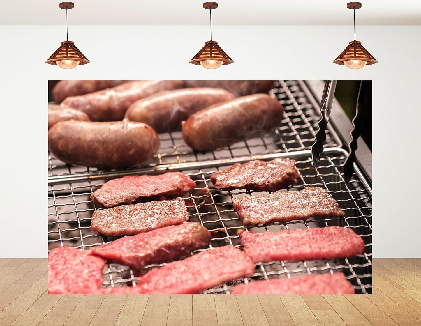KeyWork 9x9ft Smoky BBQ Meat Assortment Backdrop Sausages Beef Slices Photography Background for Catering Event