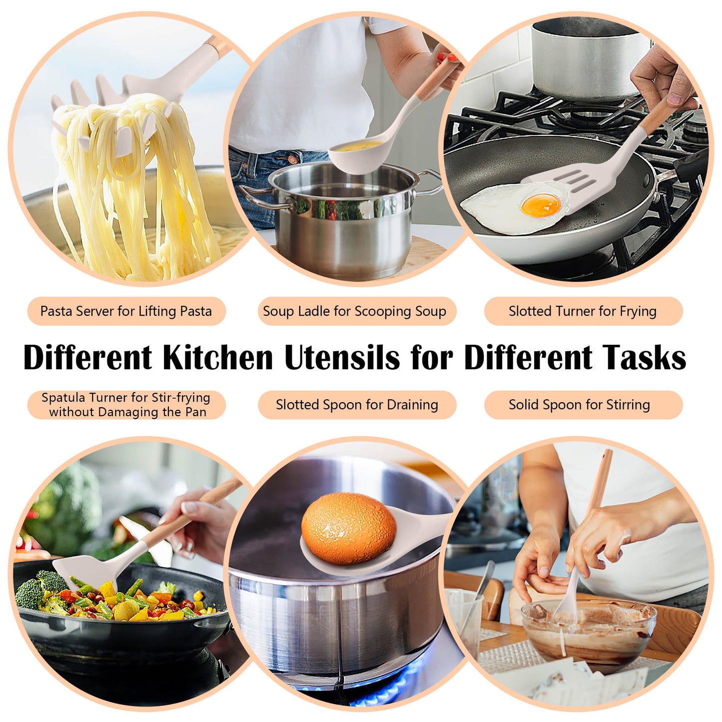 HaWare Kitchen Cooking Utensils Set, 23-Piece Silicone Kitchen Utensils Spatula Set with Holder, Heat Resistant Wooden Handle Kitchen Gadget for Nonstick Cookware, Food-grade Turner Spoon Sets (Khaki)