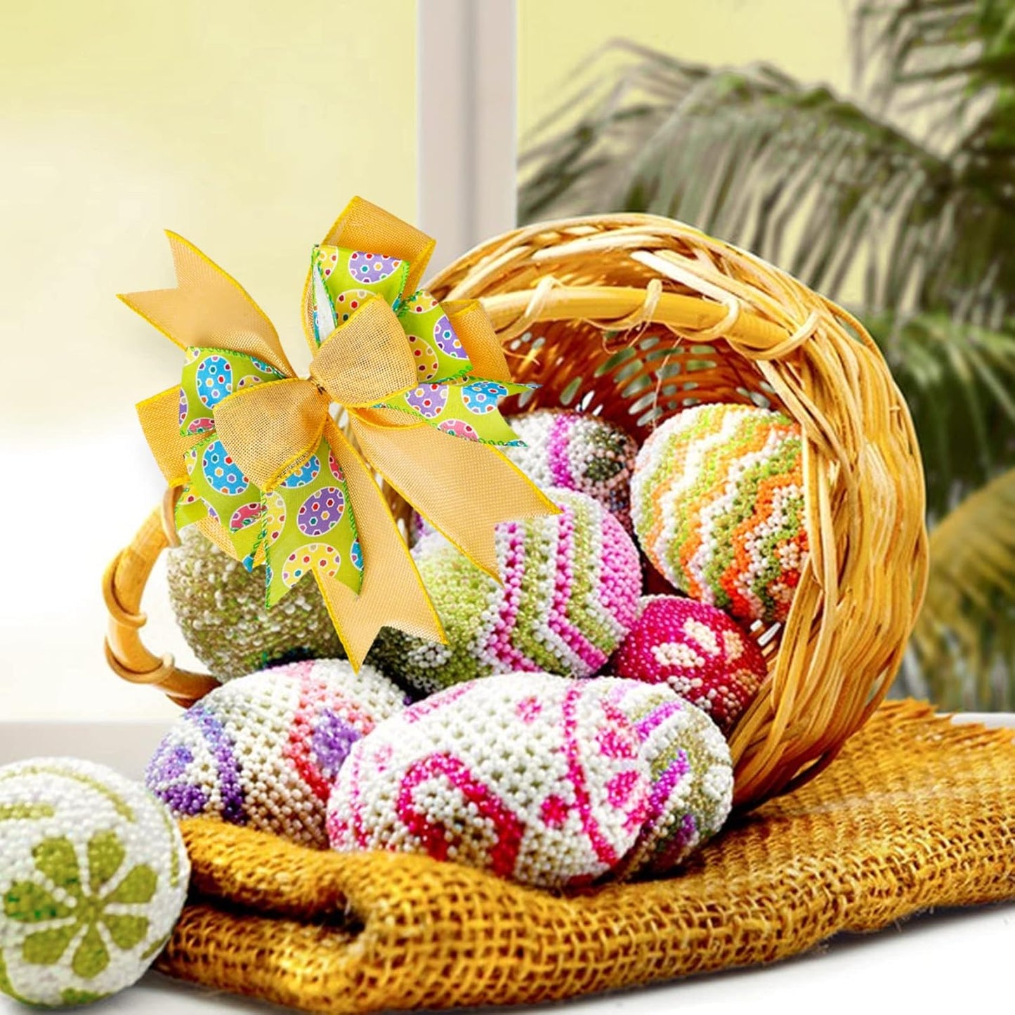 SIMISI Ribbon Easter Wreath Bow - Yellow Egg Door Wall Ornament for Home Decor | 9.5 x 13 Inch