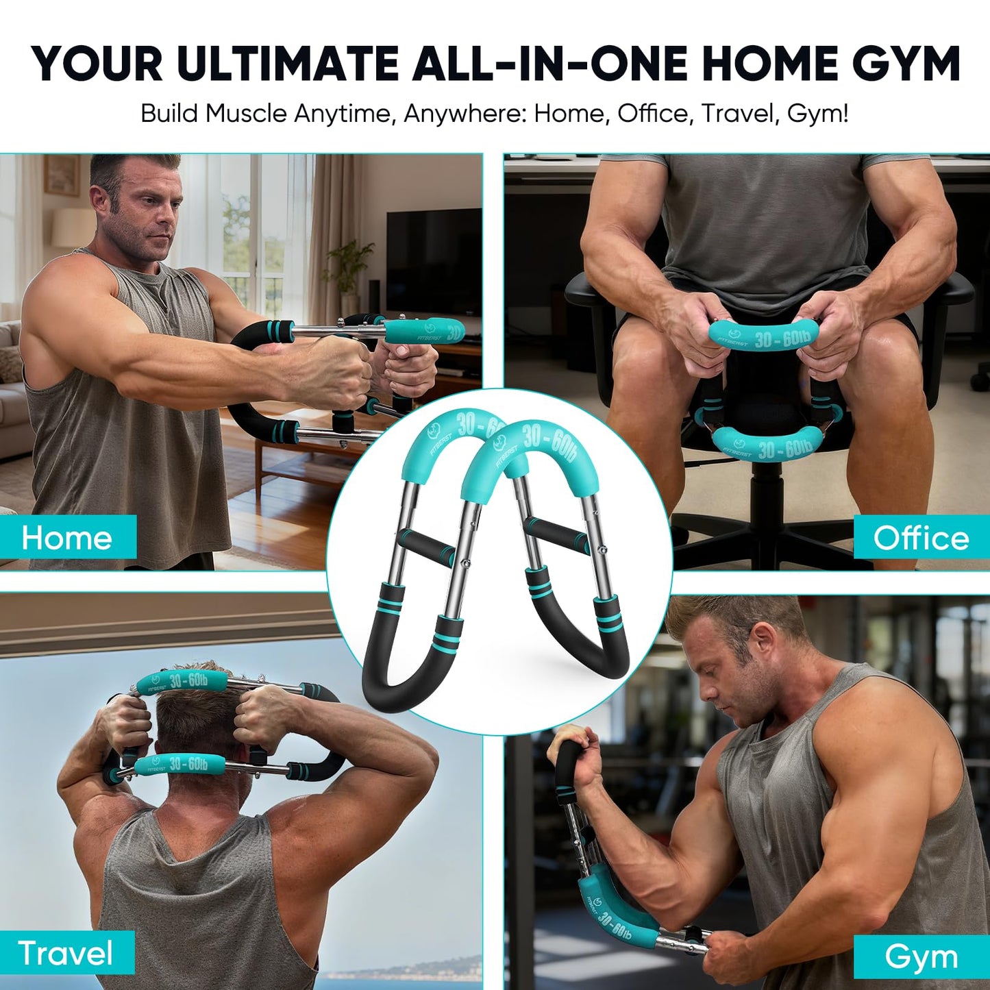 FitBeast Twister Arm Trainer, 4 Progressive Resistance Levels (30-120 lbs), 4-Spring Adjustable Arm & Chest Workout Equipment, Upper Body Strength Training Equipment for Home Gym (Blue)