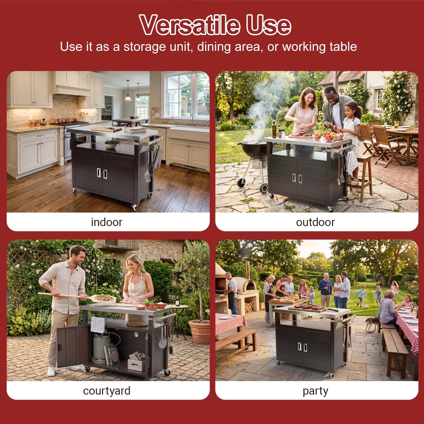 BBQMall Outdoor Grill Cart with Stainless Steel Top & Large Storage Cabinet, Movable Kitchen Island with Wheels for BBQ Food Prep, Pizza Oven Stand 39" x 20" x 35"