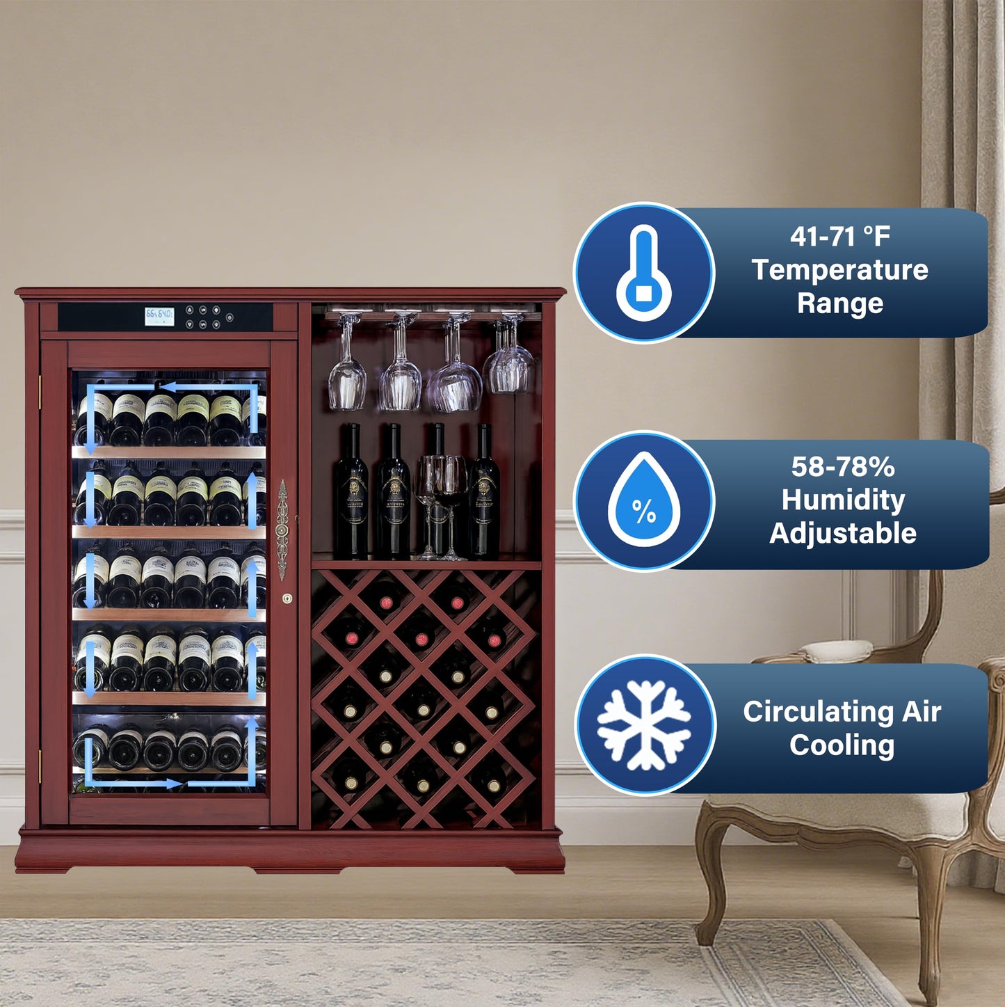 KEIKI Freestanding Wine Refrigerator with Wood Cabinet, 69 Bottle Single Zone Wine Cooler, Humidity Control Tempered Glass Door, LED Light Lockable Pull-Out Shelves, for Home Bar Kitchen, Cherry