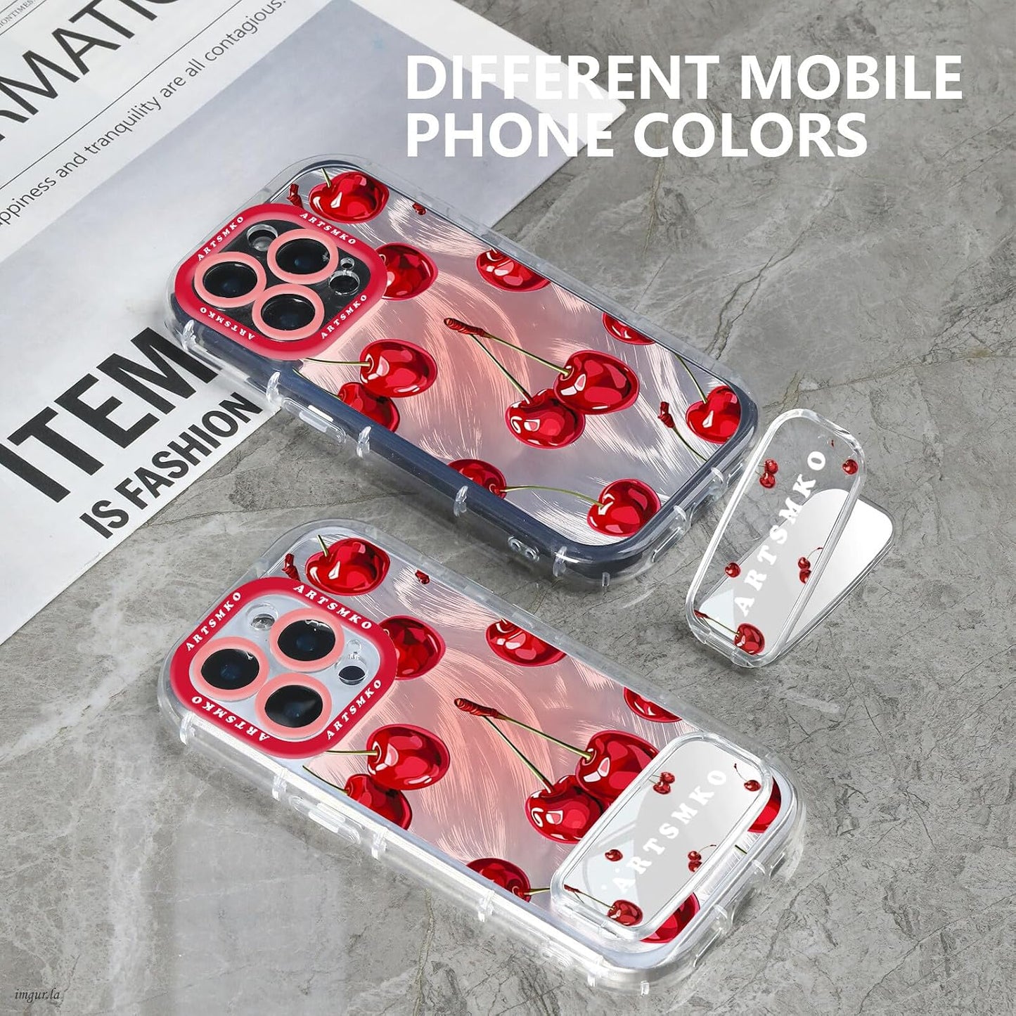 ARTSMKO 11, (11) Super Shiny Cute Red Cherry Phone Case: Fashion Mirror Bracket & Fruit Design Compatible with iPhone