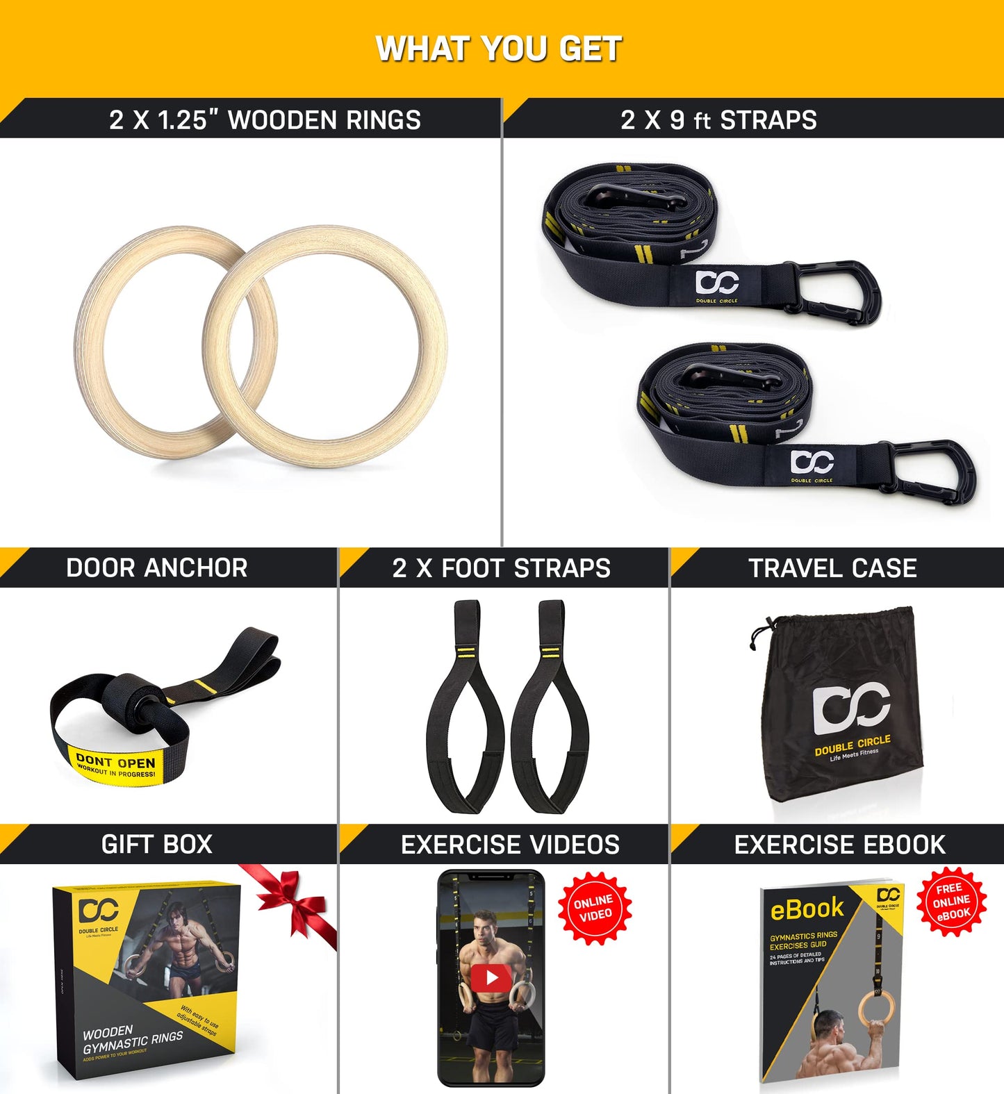 Double Circle Gymnastics Rings with Quick Adjust Numbered Straps and Exercise Videos Guide - Full Body Gym Rings - Calisthenics Rings Wooden Rings (Rings & Straps + Door Anchor + Foot Straps)