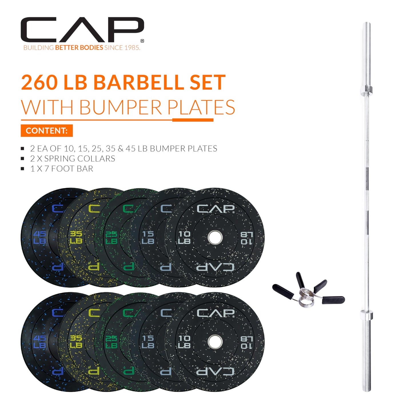 CAP Barbell 260 lb Economy - Speckled Olympic Weight Set with 7ft Chrome Barbell & Black Bumper Plates with Color Logo