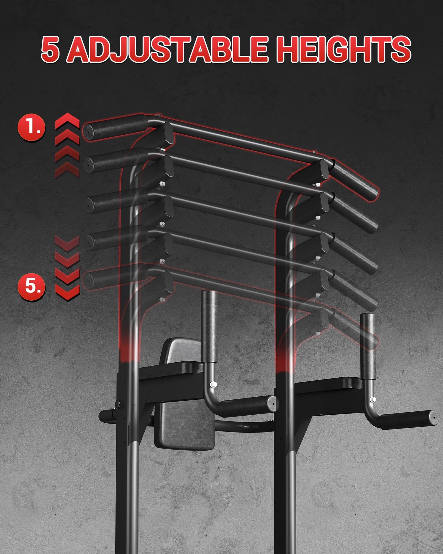 Multi-Function Power Tower 5-Level Adjustable Height Pull Up Bar Dip Station for Adult Home Gym, Heavy Duty Fitness Equipment for Pull-Ups, Chin-Ups, Knee & Leg Raises, Core Strength Training